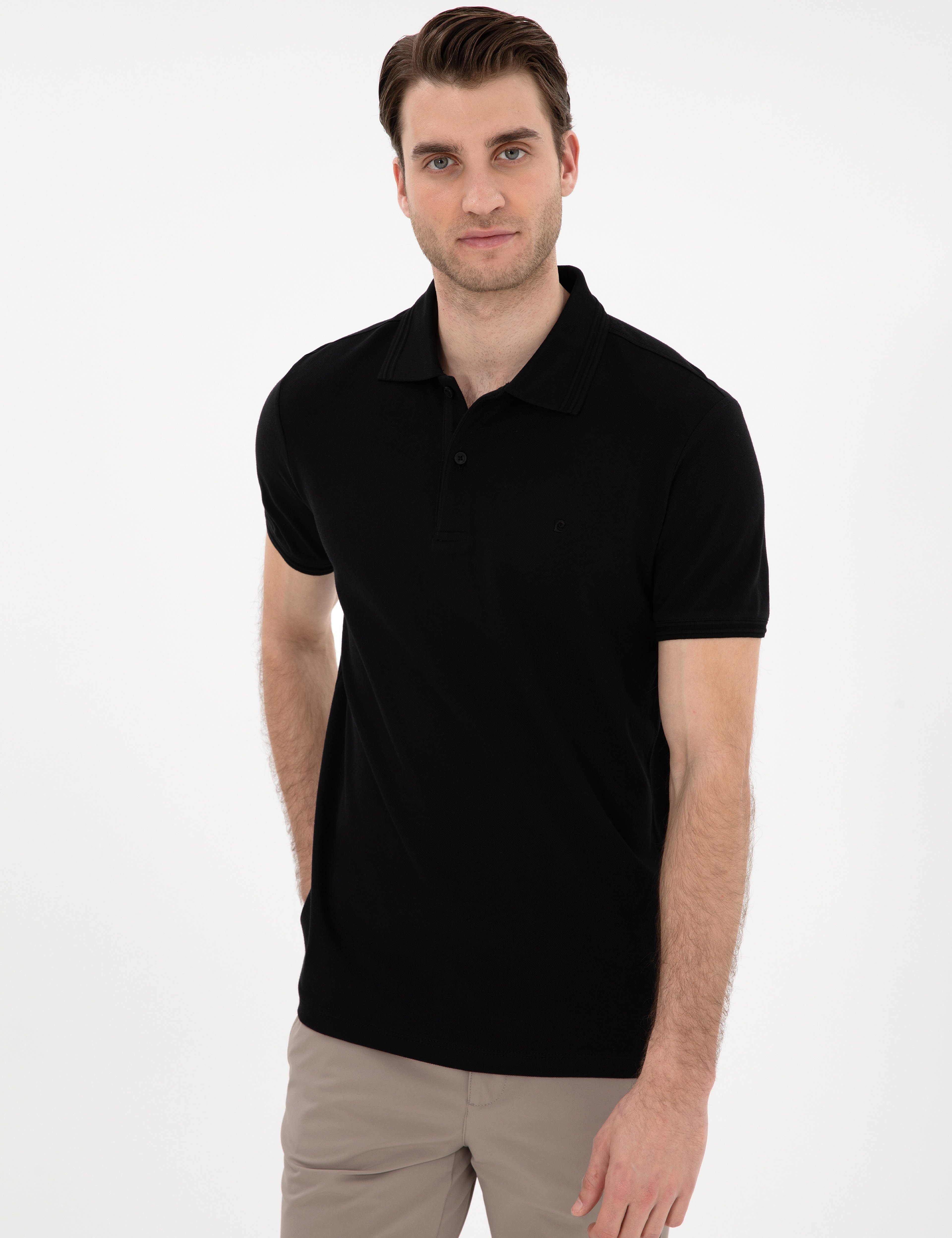Siyah Slim Fit %100 Pamuk Düğmeli Polo Yaka Basic Tişört - Image 3