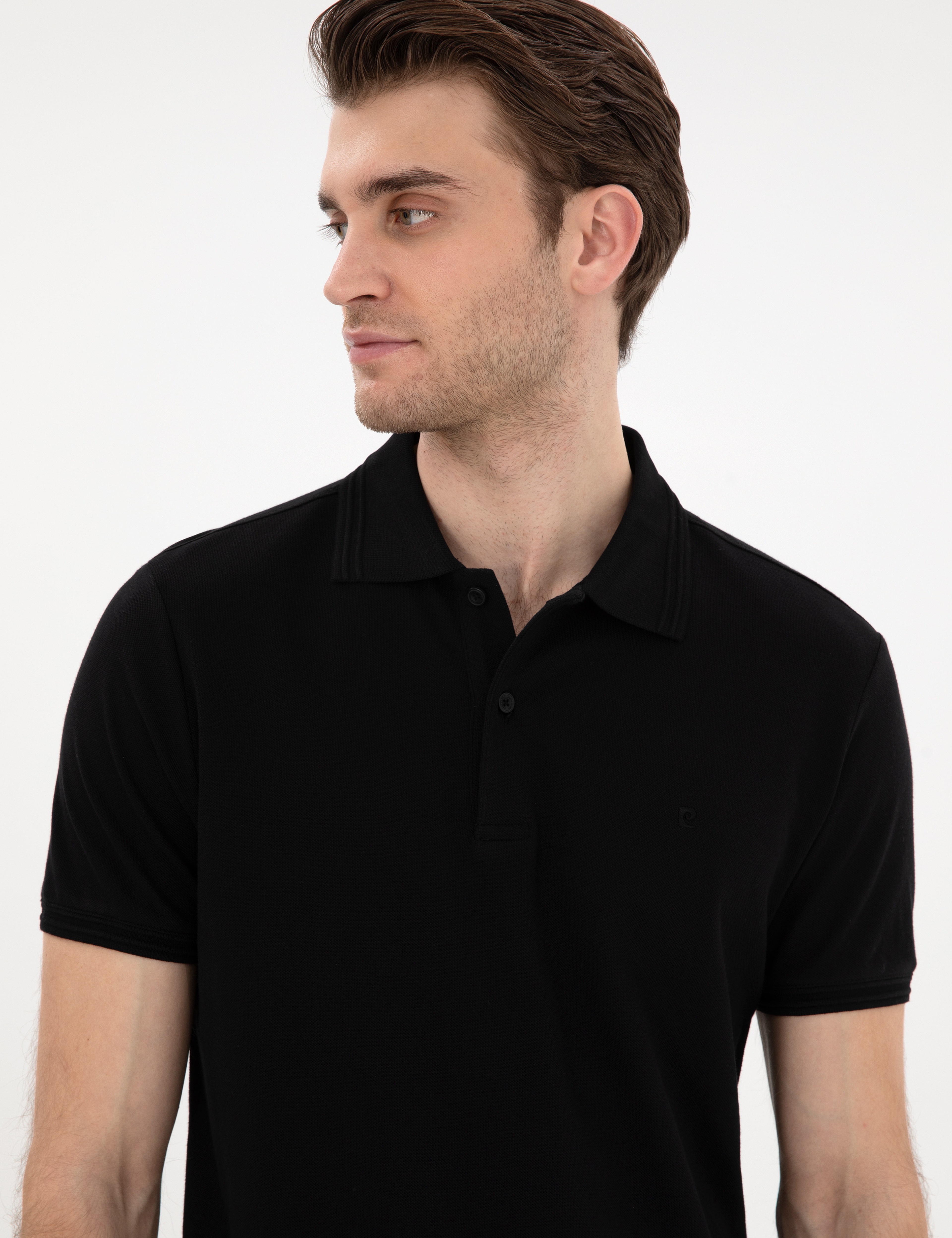 Siyah Slim Fit %100 Pamuk Düğmeli Polo Yaka Basic Tişört