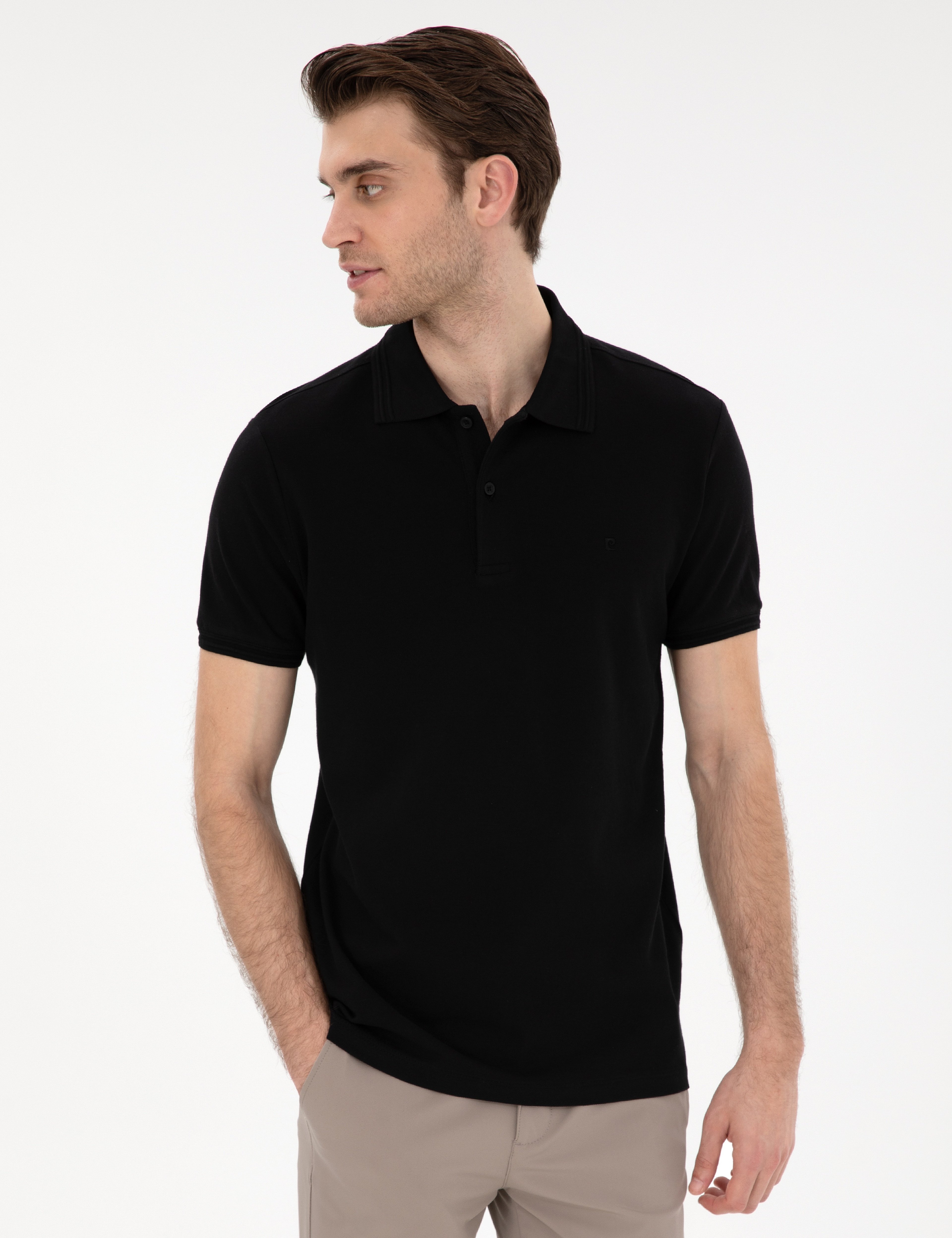 Siyah Slim Fit %100 Pamuk Düğmeli Polo Yaka Basic Tişört - Image 1