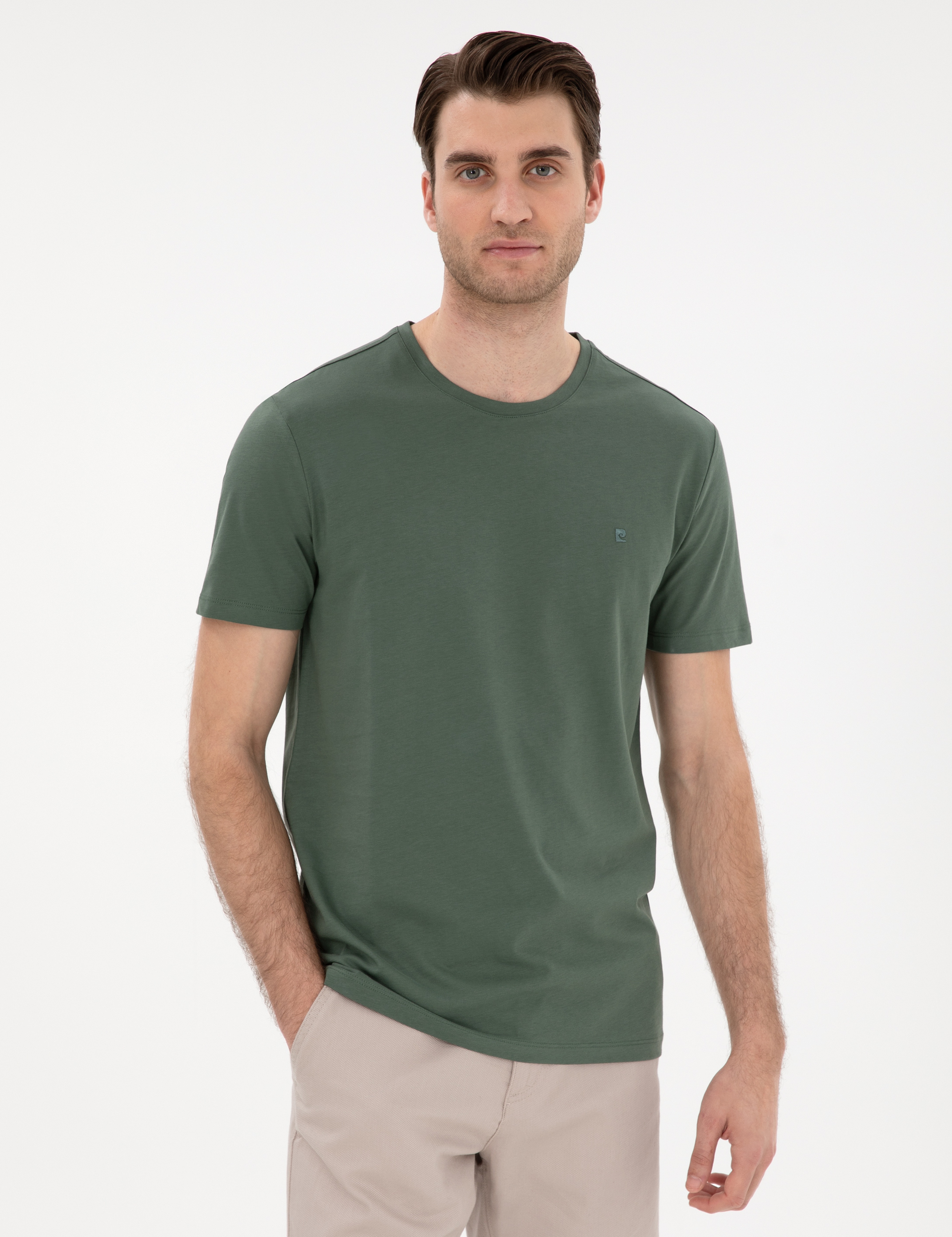 Haki Slim Fit %100 Pamuk Bisiklet Yaka Basic Tişört - Image 1