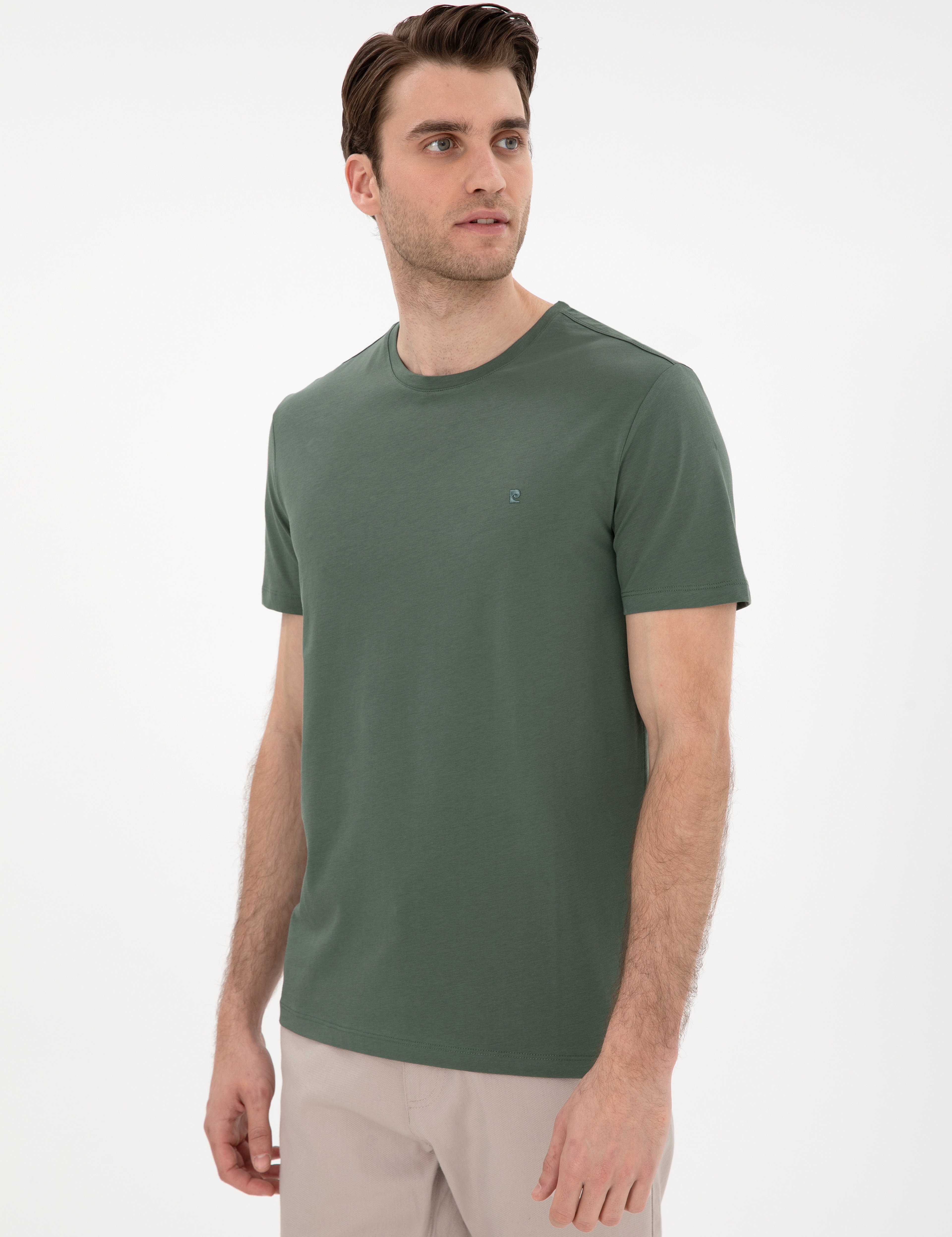 Haki Slim Fit %100 Pamuk Bisiklet Yaka Basic Tişört - Image 3