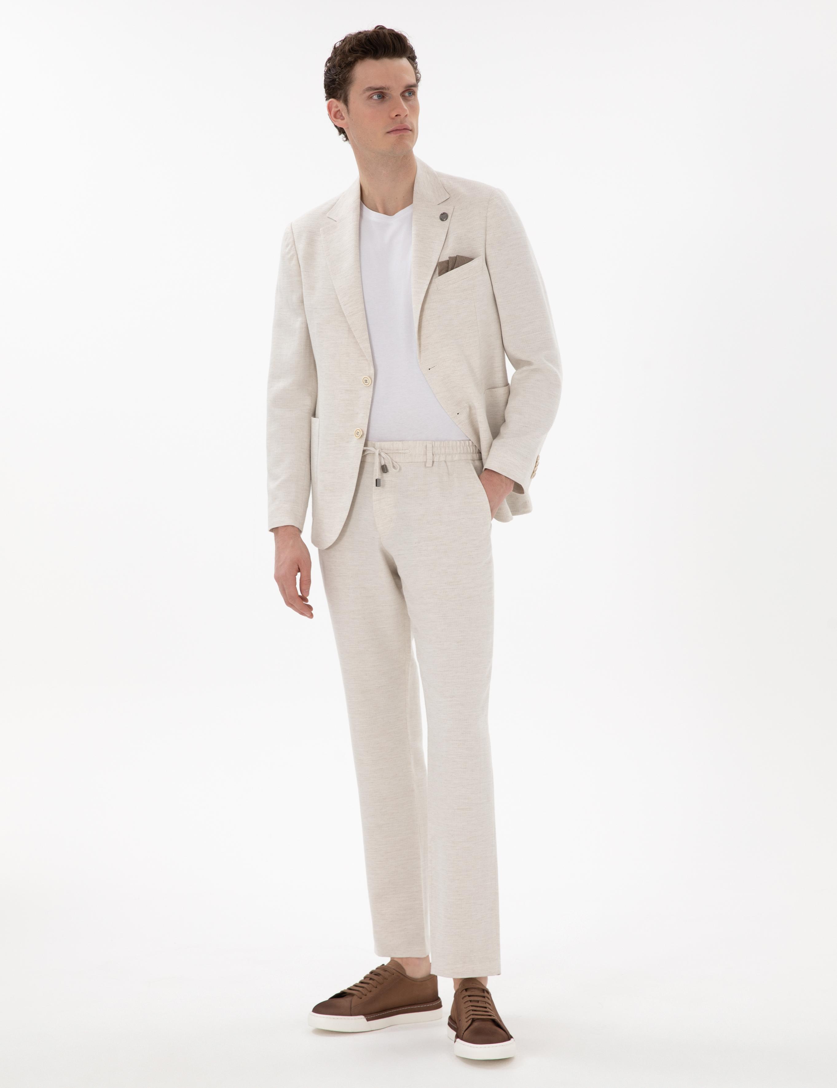 Ekru Slim Fit Keten Karışımlı Takım Elbise