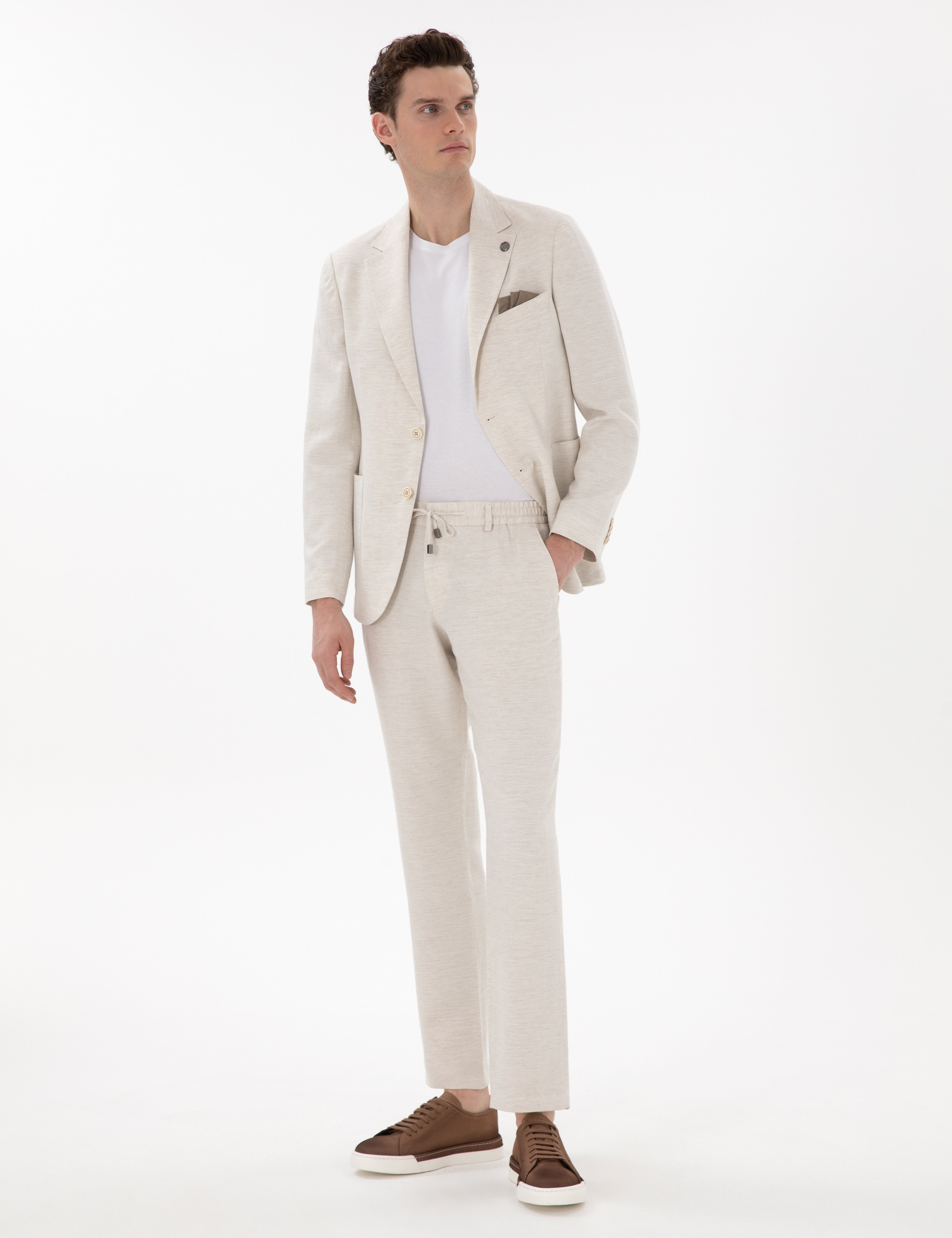 Ekru Slim Fit Keten Karışımlı Takım Elbise - Image 1