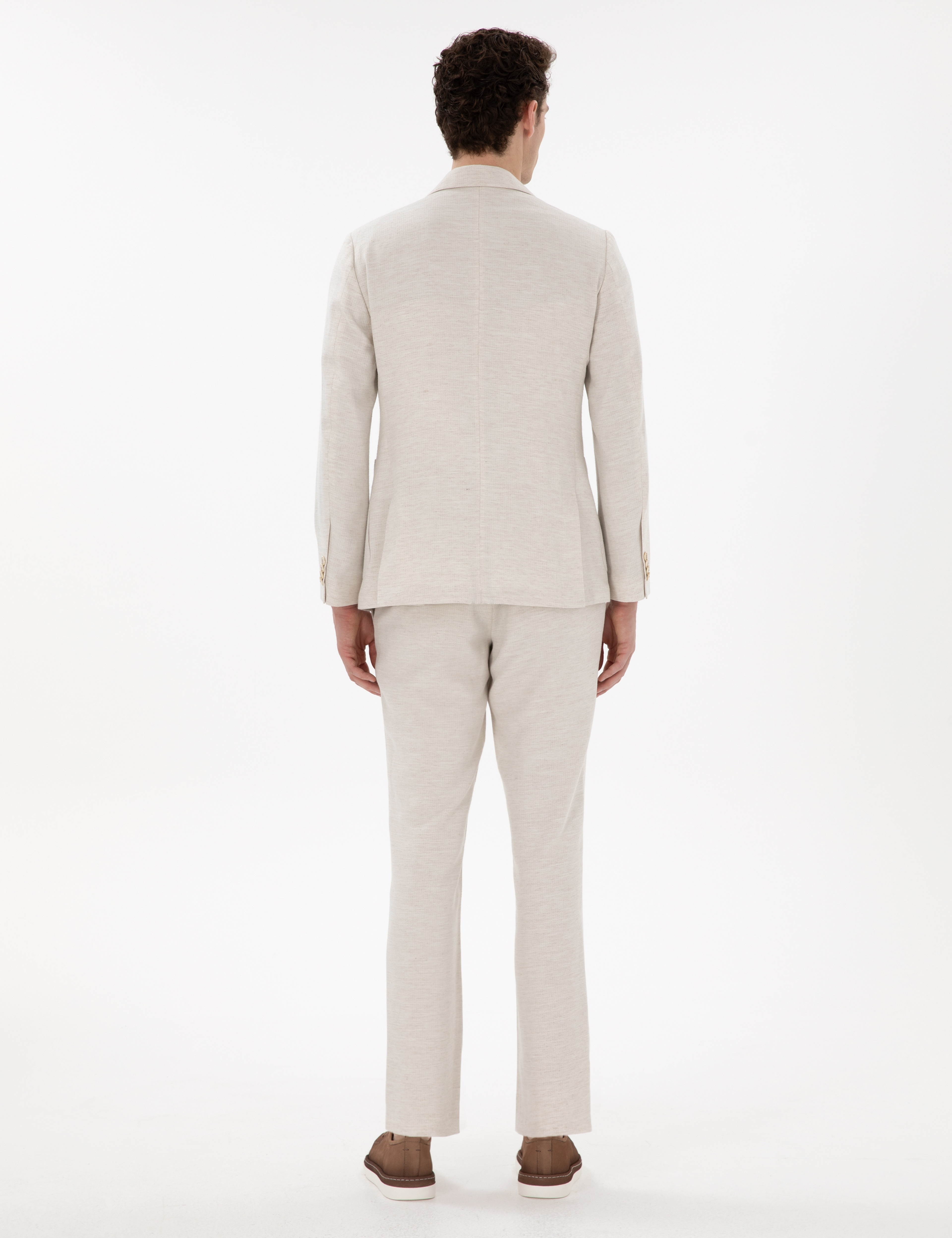 Ekru Slim Fit Keten Karışımlı Takım Elbise - Image 5