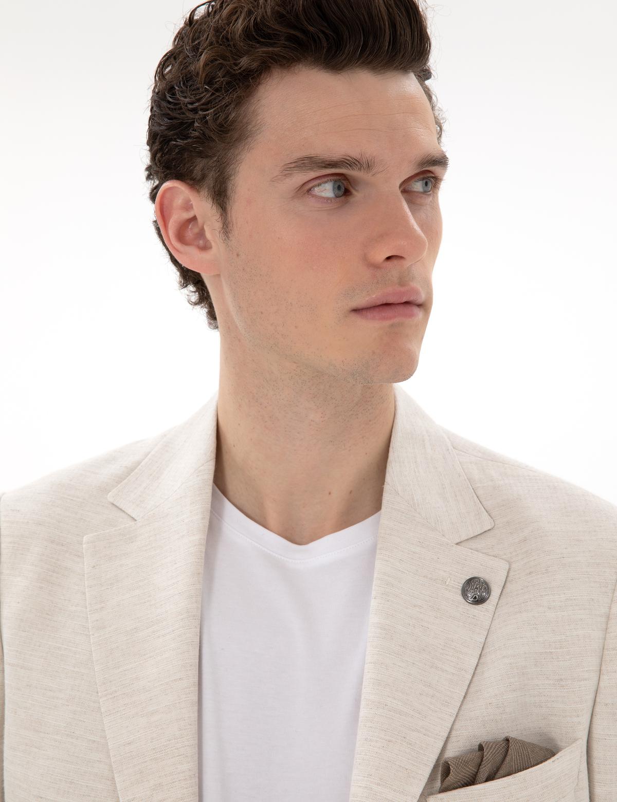 Ekru Slim Fit Keten Karışımlı Takım Elbise - 50304275005