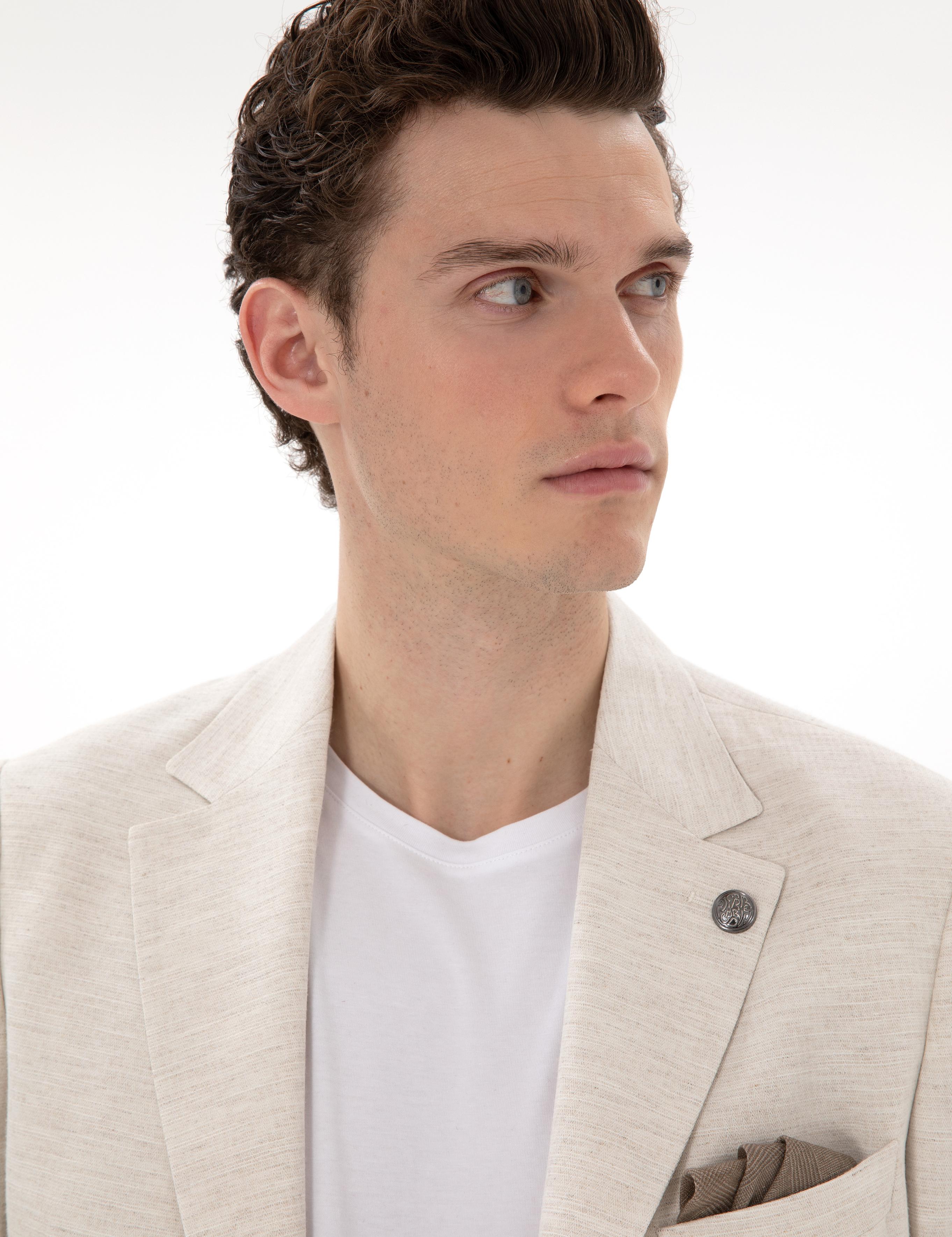 Ekru Slim Fit Keten Karışımlı Takım Elbise