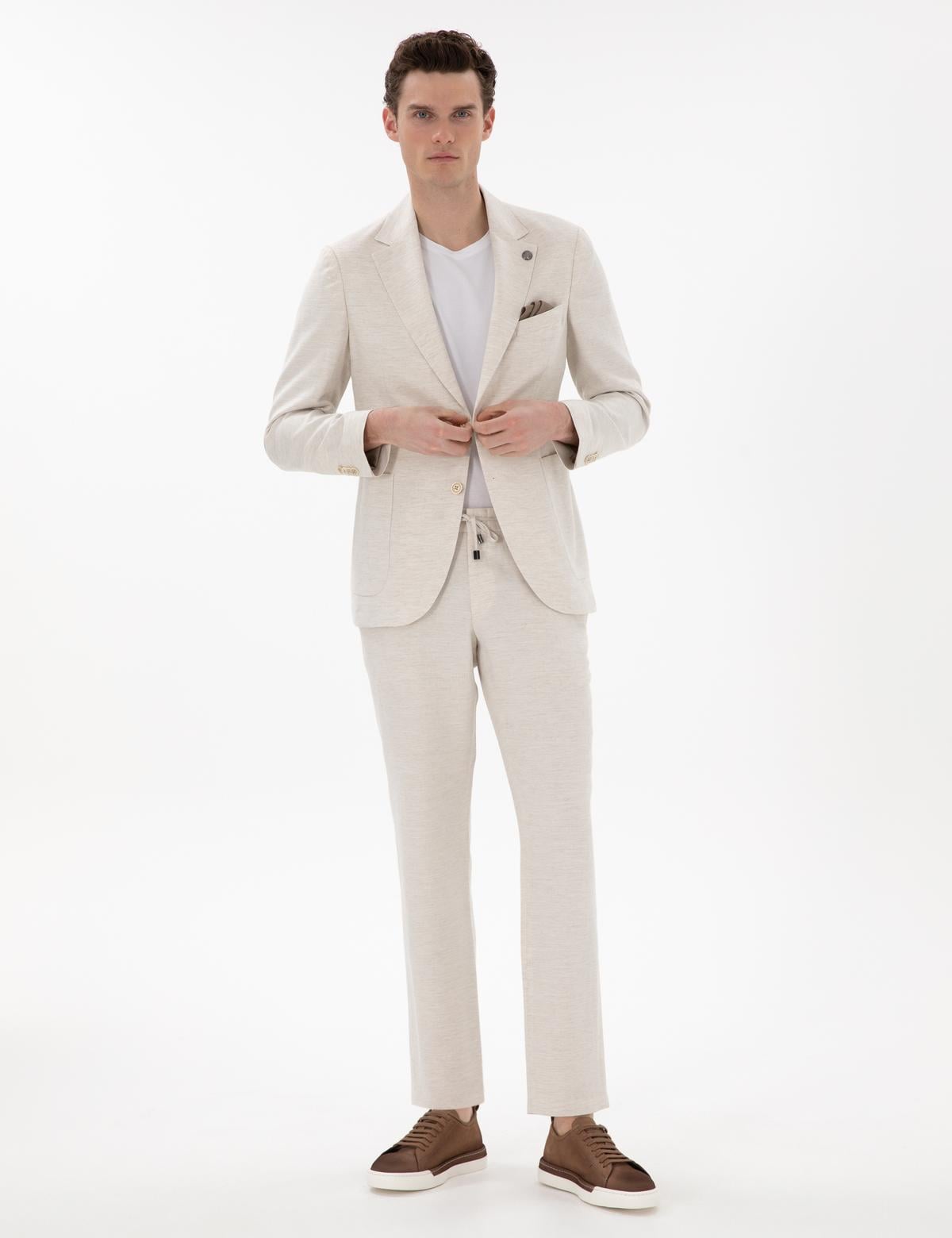 Ekru Slim Fit Keten Karışımlı Takım Elbise - 50304275005