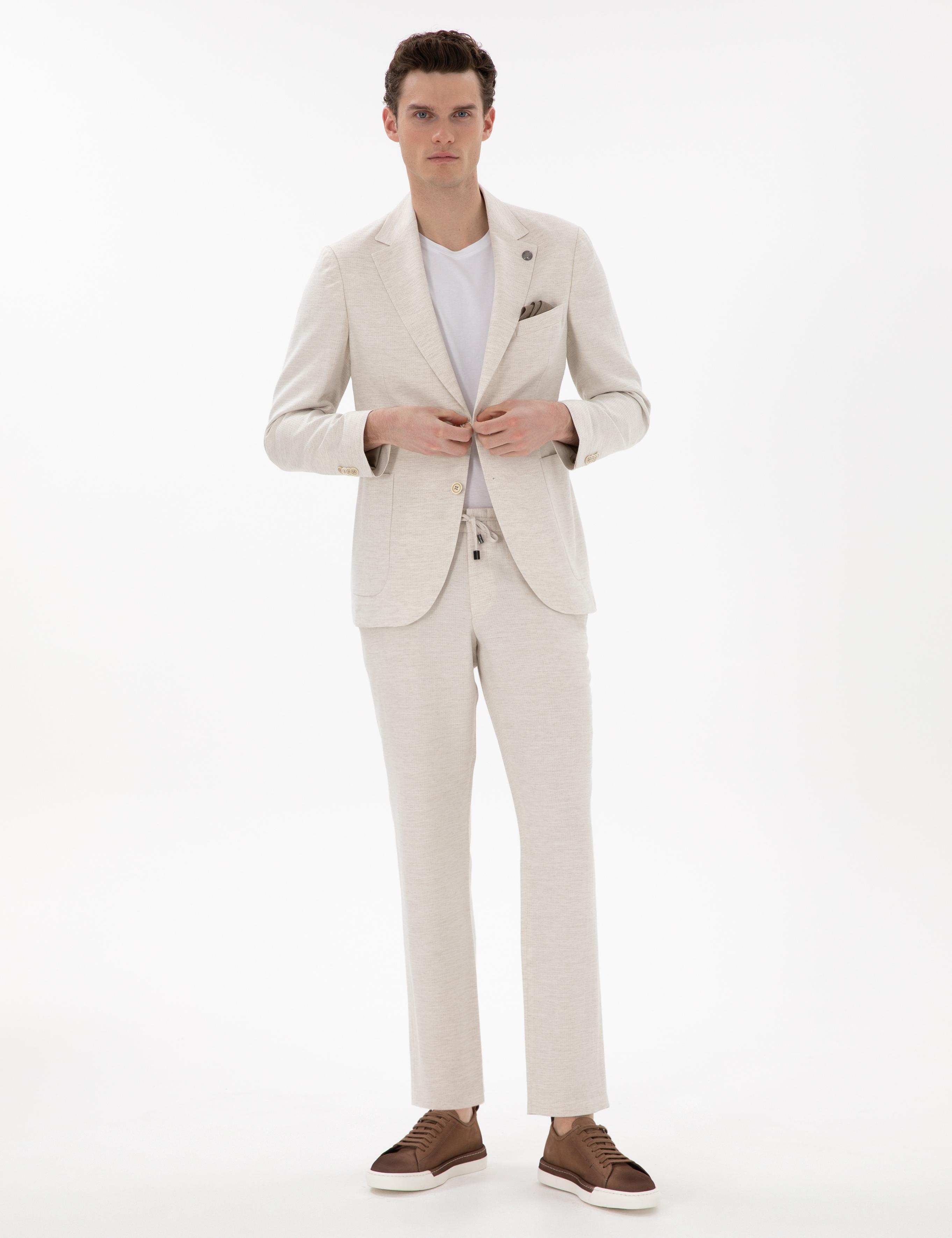 Ekru Slim Fit Keten Karışımlı Takım Elbise