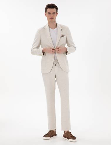 Ekru Slim Fit Keten Karışımlı Takım Elbise