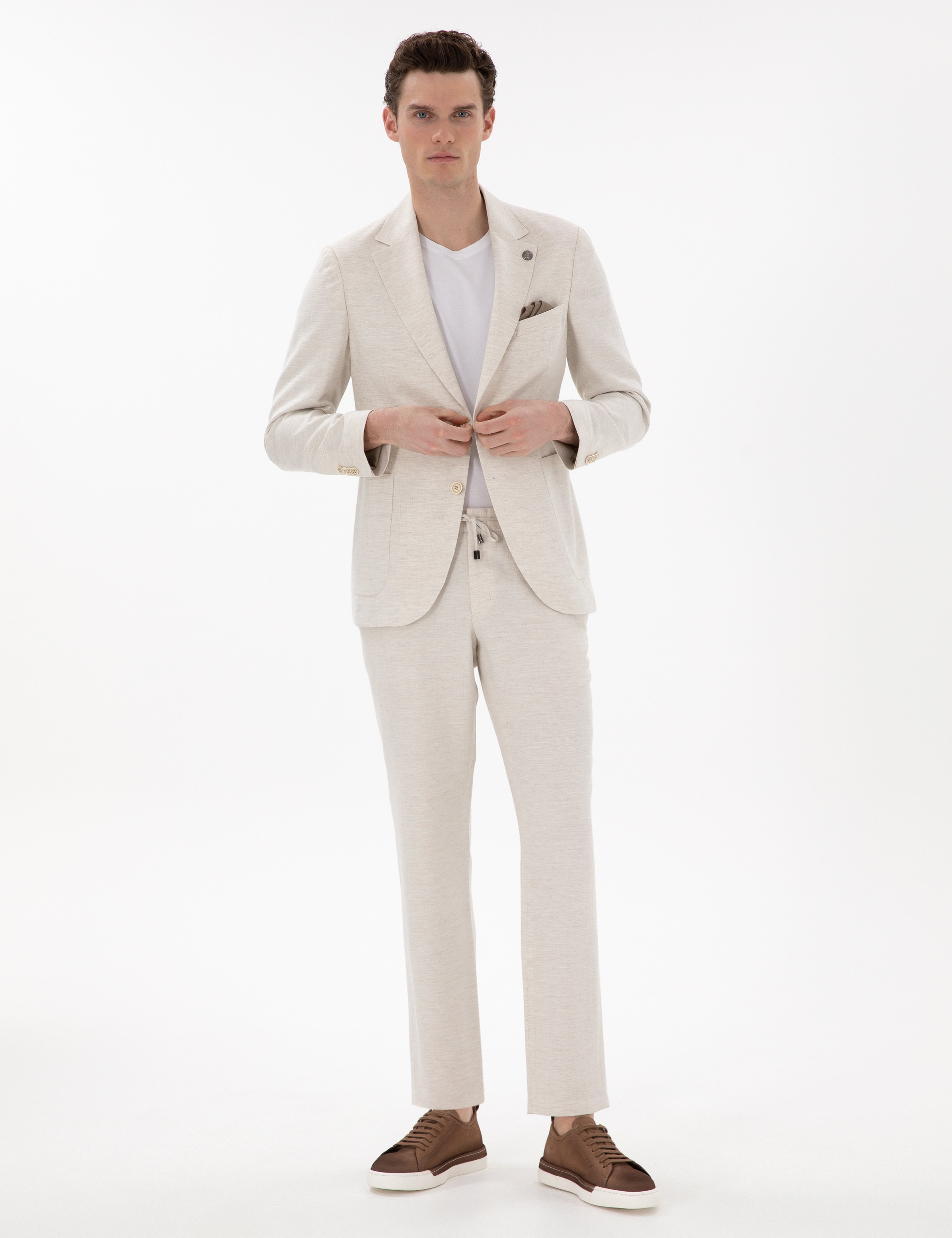 Ekru Slim Fit Keten Karışımlı Takım Elbise