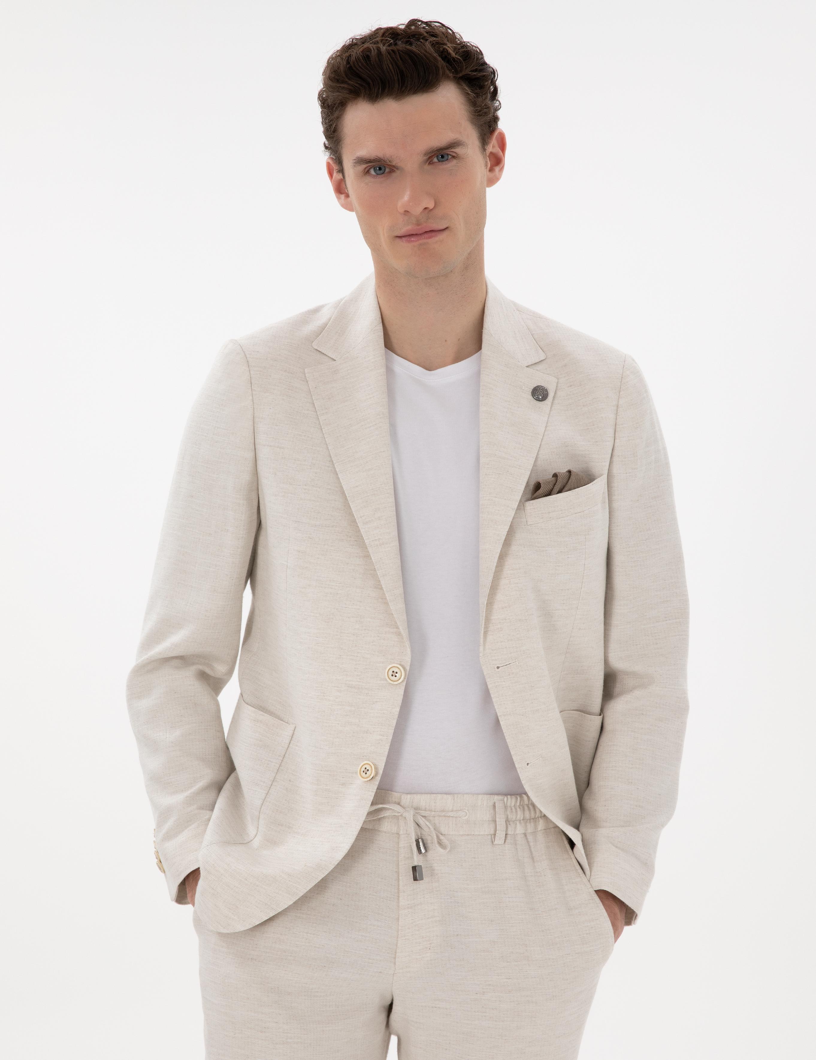 Ekru Slim Fit Keten Karışımlı Takım Elbise