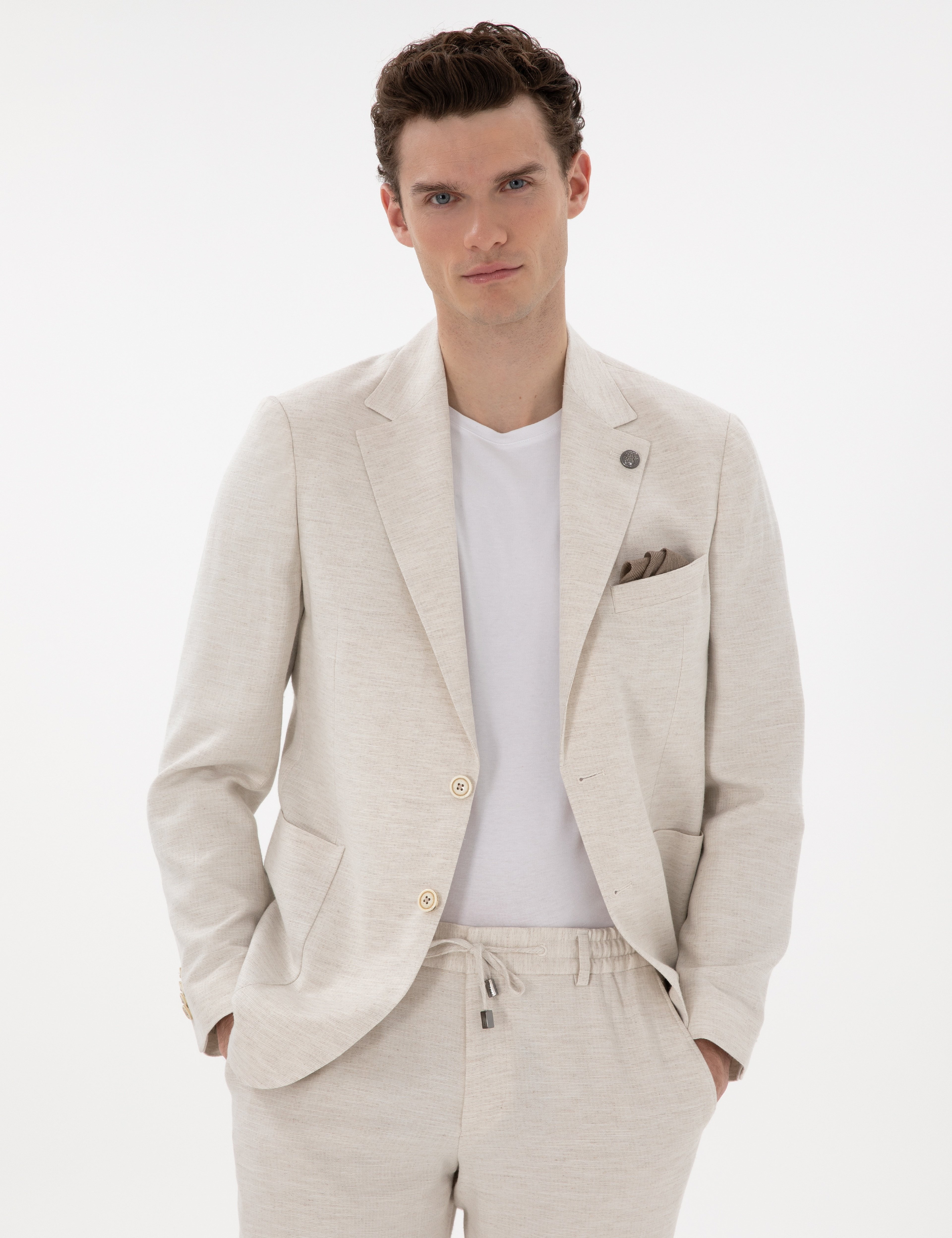 Ekru Slim Fit Keten Karışımlı Takım Elbise