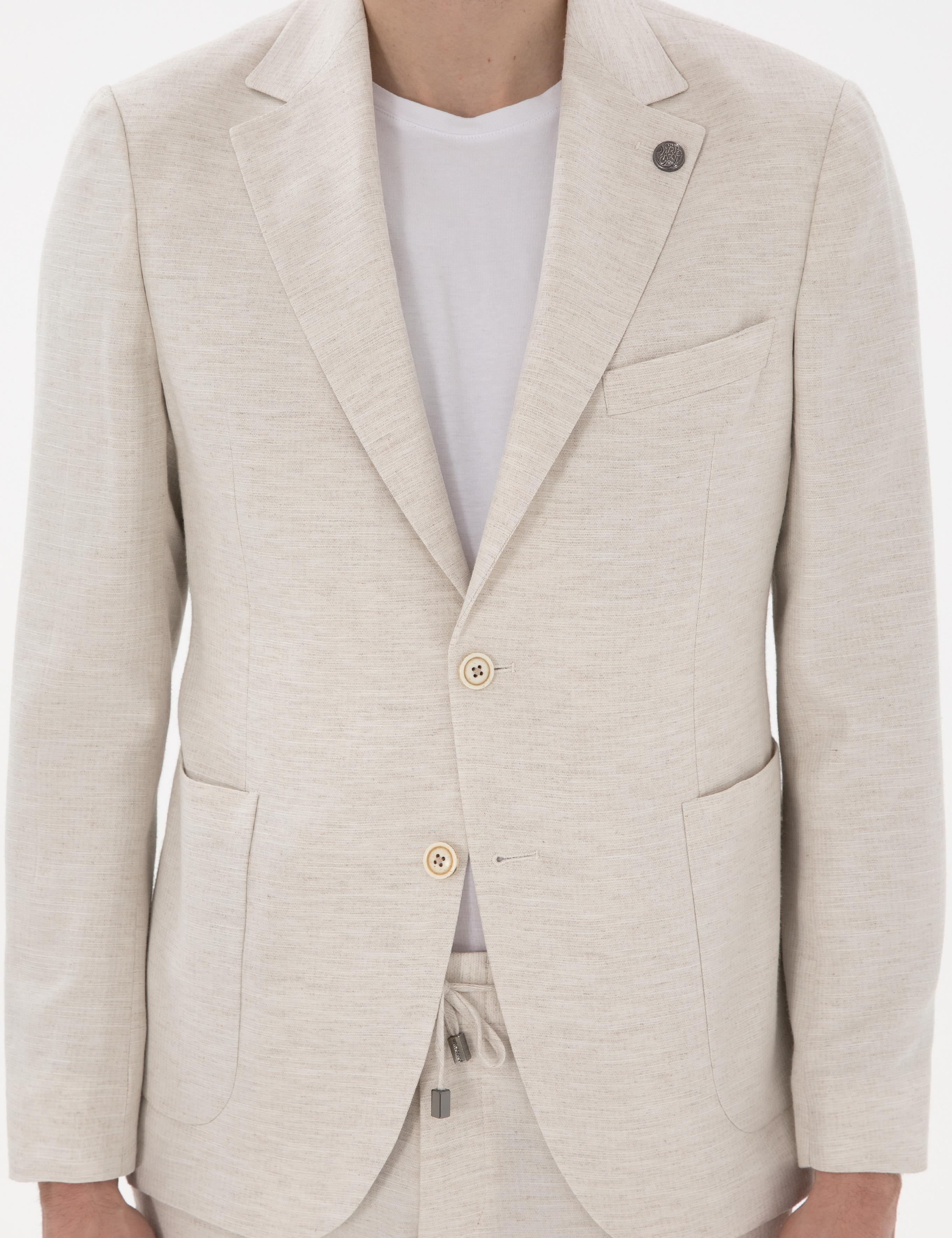 Ekru Slim Fit Keten Karışımlı Takım Elbise