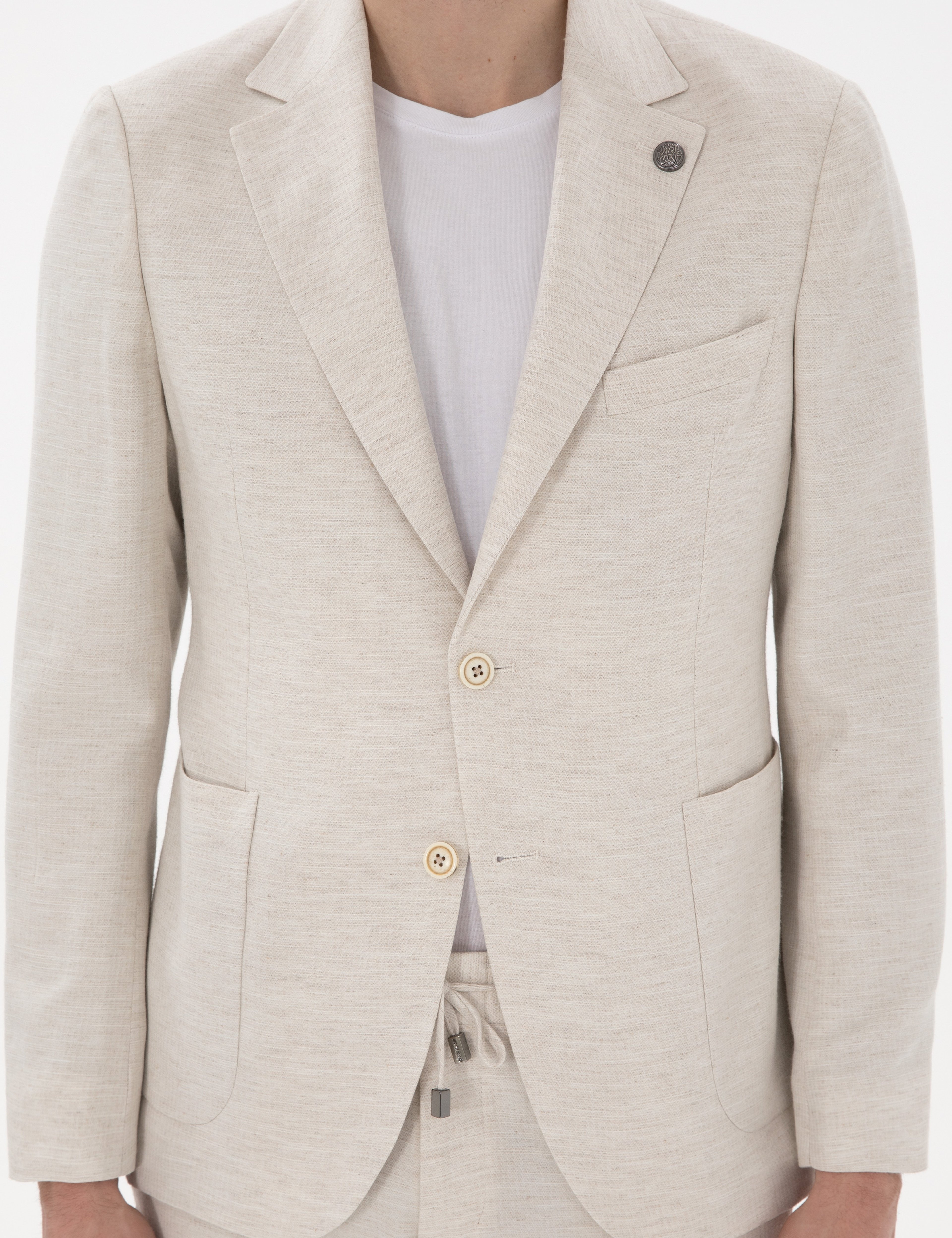 Ekru Slim Fit Keten Karışımlı Takım Elbise