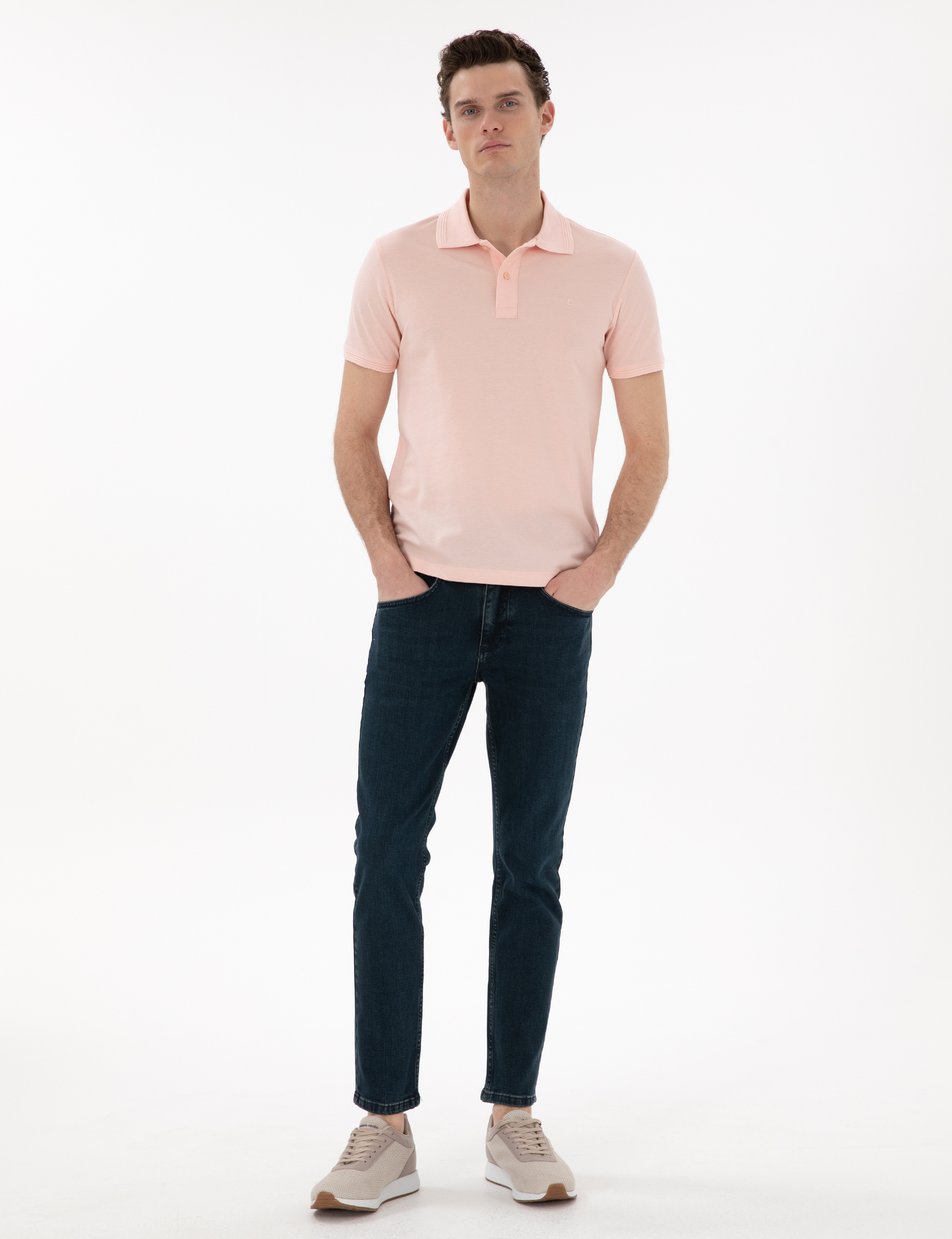 Pudra Slim Fit Kıvrılmaz Polo Yaka Basic Tişört