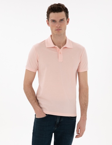 Pudra Slim Fit %100 Pamuk Kıvrılmaz Düğmeli Polo Yaka Basic Tişört