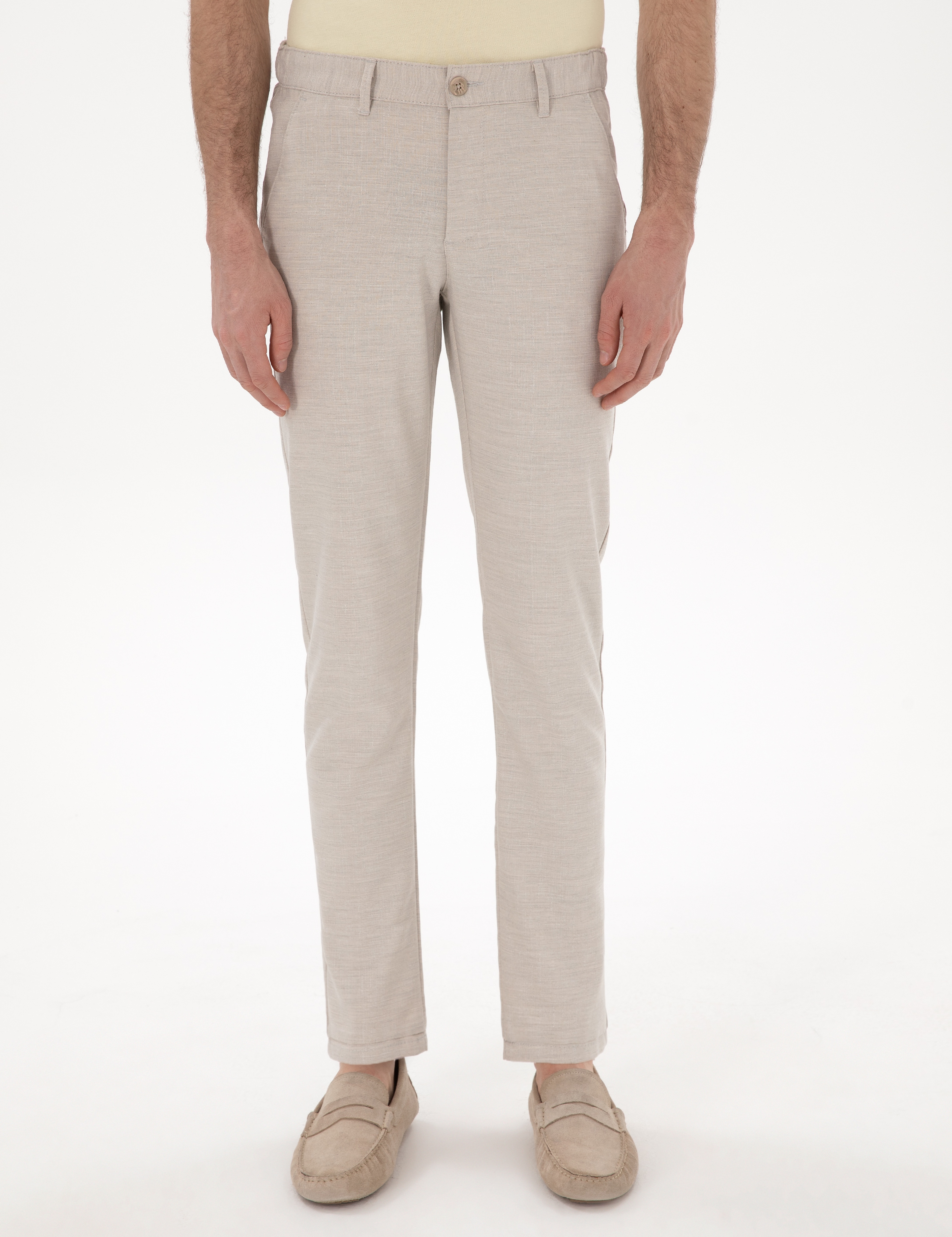 Bej Slim Fit Beli Lastikli Kanvas Pantolon - Image 2