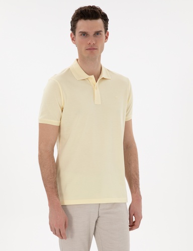 Açık Sarı Slim Fit %100 Pamuk Kıvrılmaz Düğmeli Polo Yaka Basic Tişört