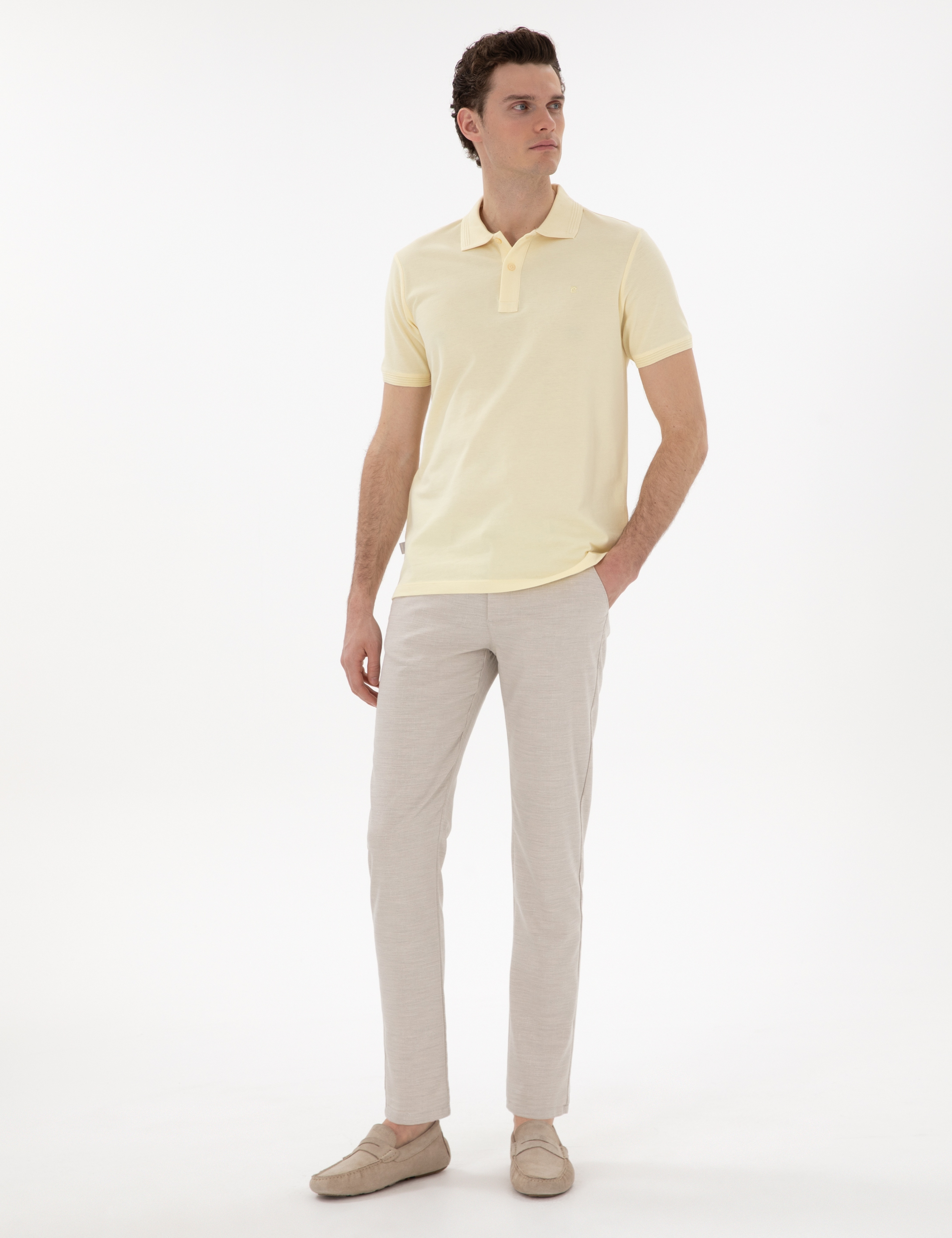 Açık Sarı Slim Fit %100 Pamuk Kıvrılmaz Polo Yaka Basic Tişört