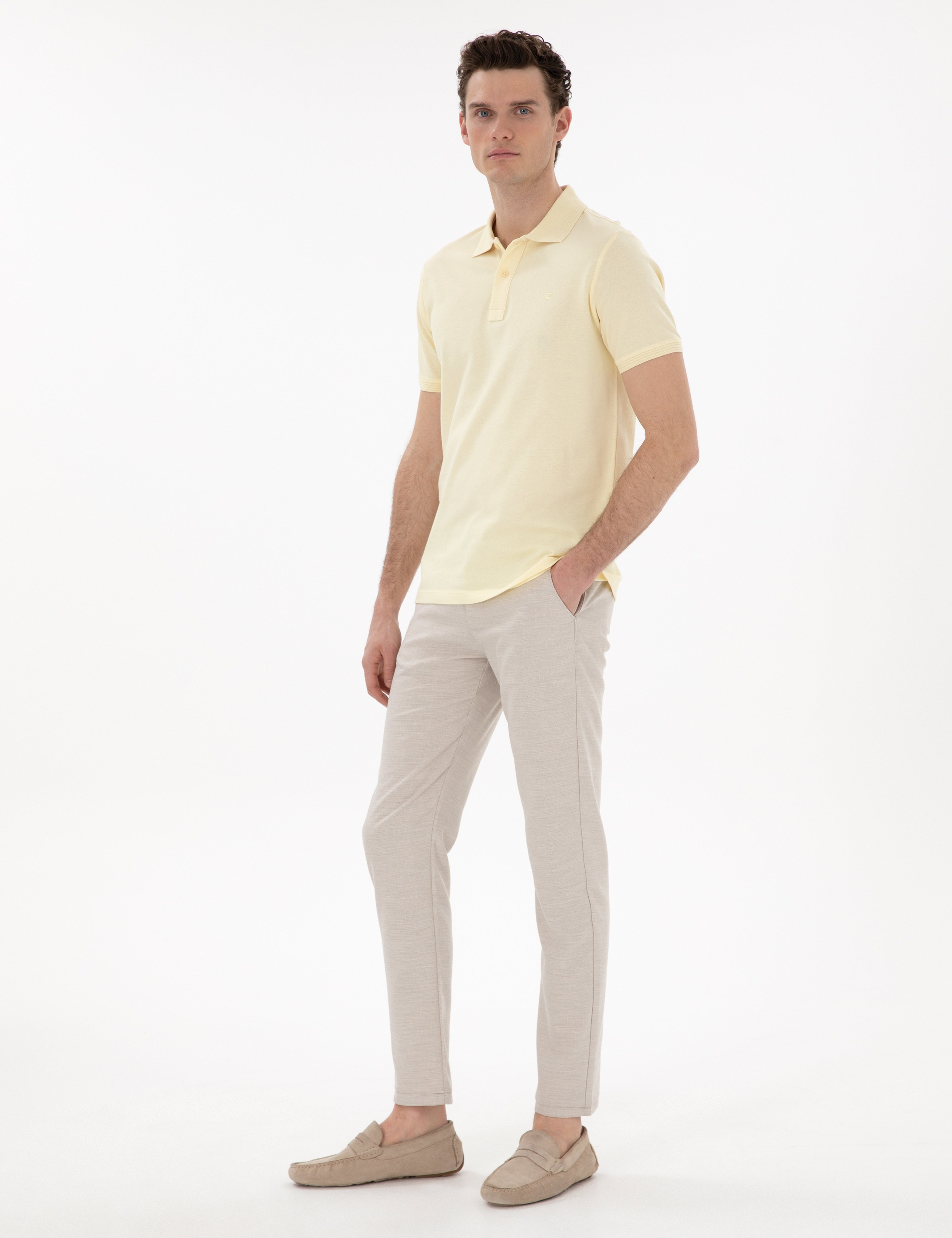 Bej Slim Fit Beli Lastikli Kanvas Pantolon - Image 1