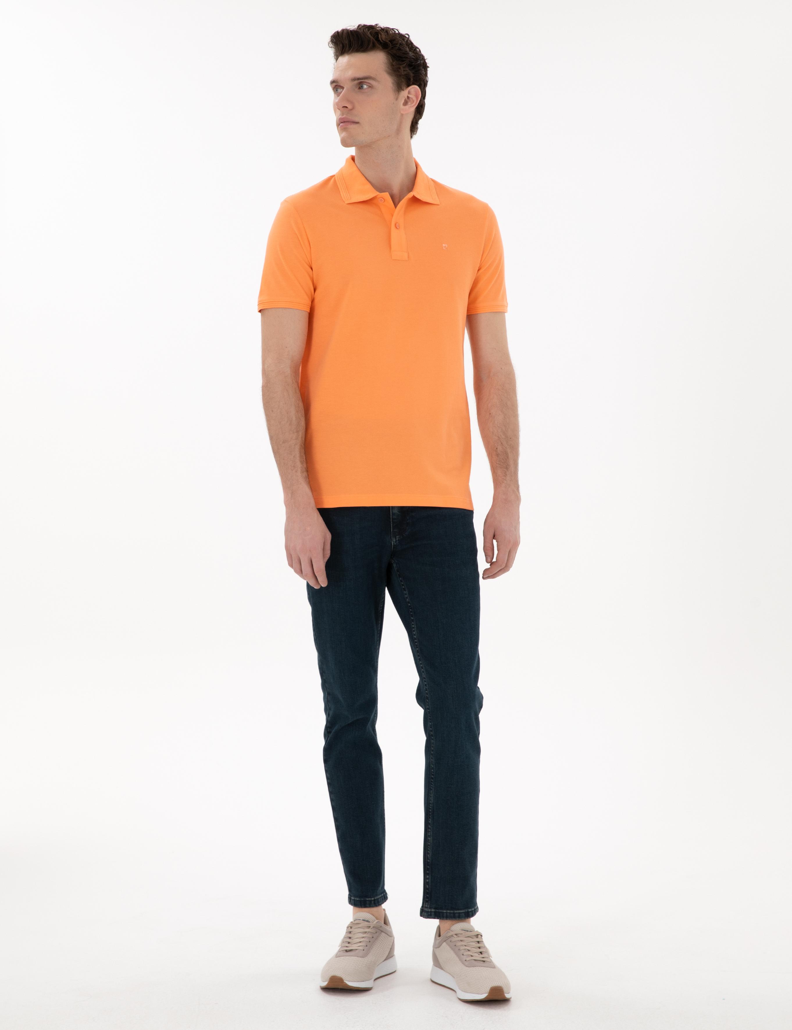 Turuncu Slim Fit Kıvrılmaz Polo Yaka Basic Tişört