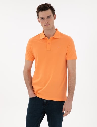 Turuncu Slim Fit %100 Pamuk Kıvrılmaz Düğmeli Polo Yaka Basic Tişört