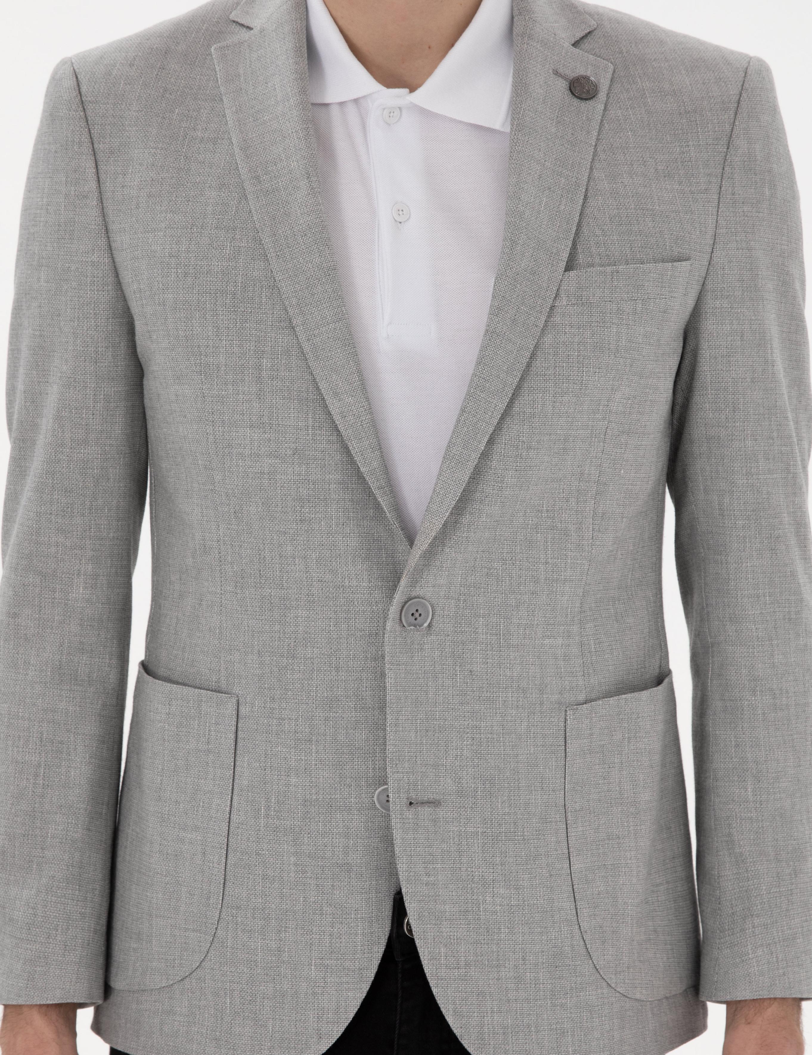 Gri Ex. Slim Fit Keten Karışımlı Ceket