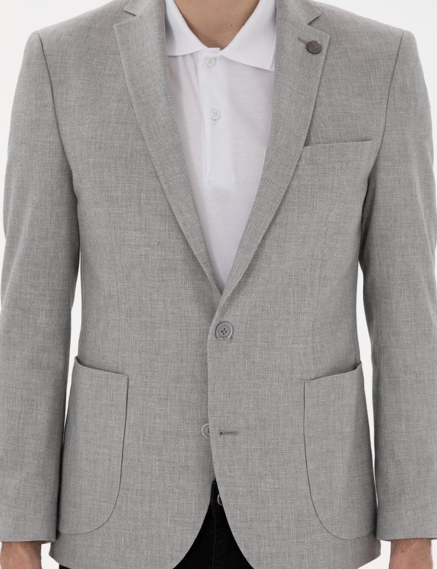 Gri Ex. Slim Fit Keten Karışımlı Ceket