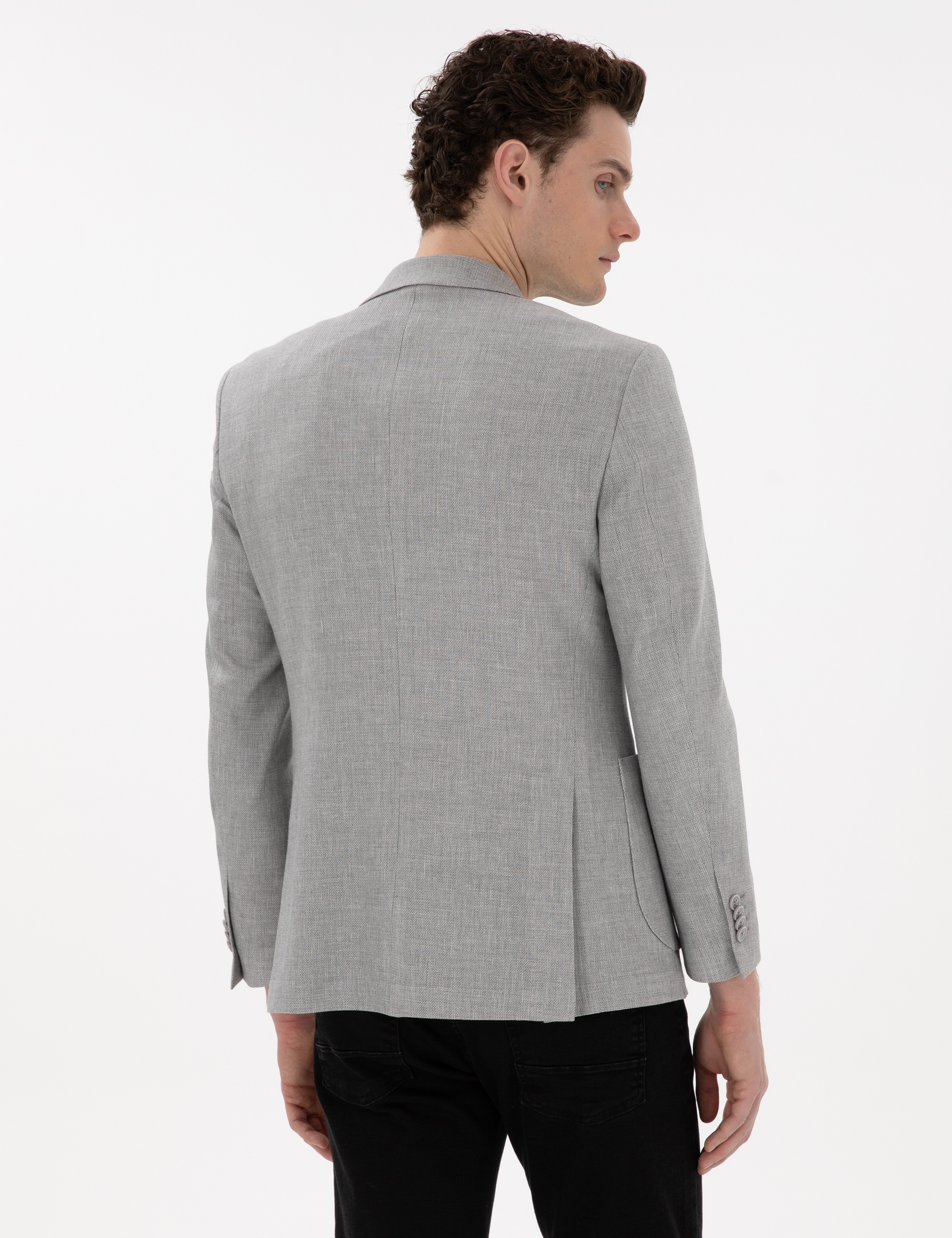 Gri Extra Slim Fit Keten Karışımlı Ceket - Image 5