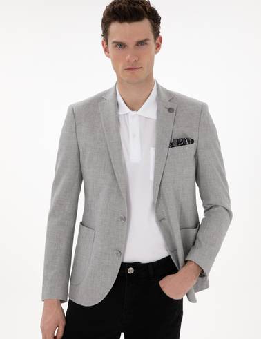 Gri Ex. Slim Fit Keten Karışımlı Ceket