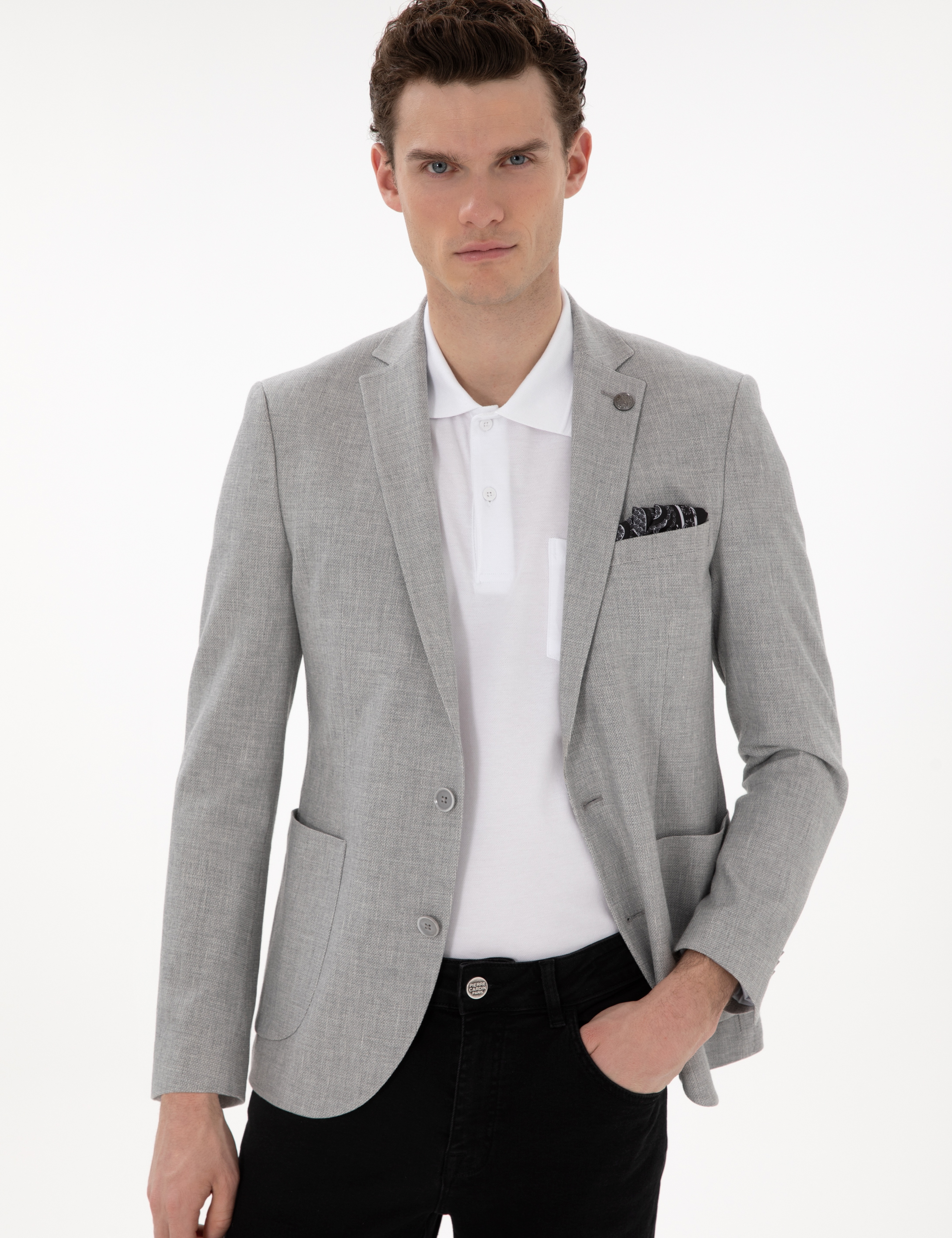 Gri Extra Slim Fit Keten Karışımlı Ceket - Image 3