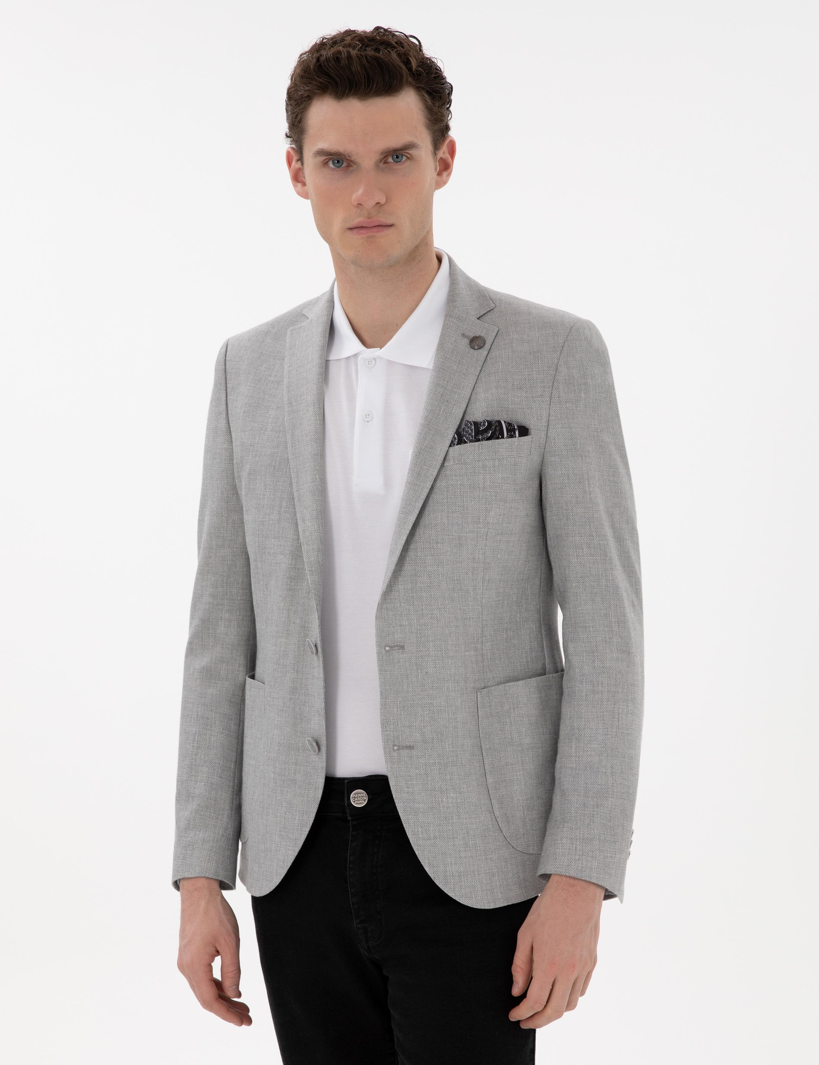 Gri Ex. Slim Fit Keten Karışımlı Ceket