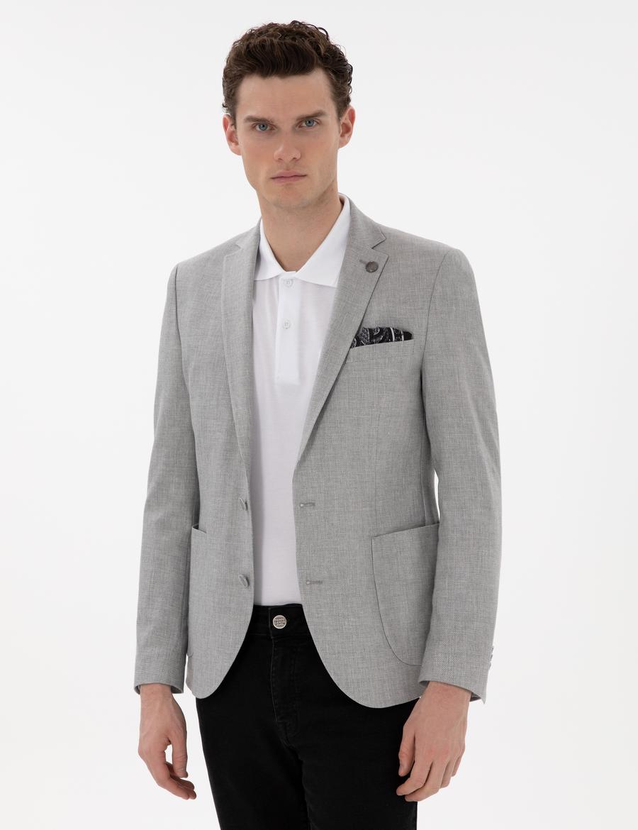 Gri Ex. Slim Fit Keten Karışımlı Ceket