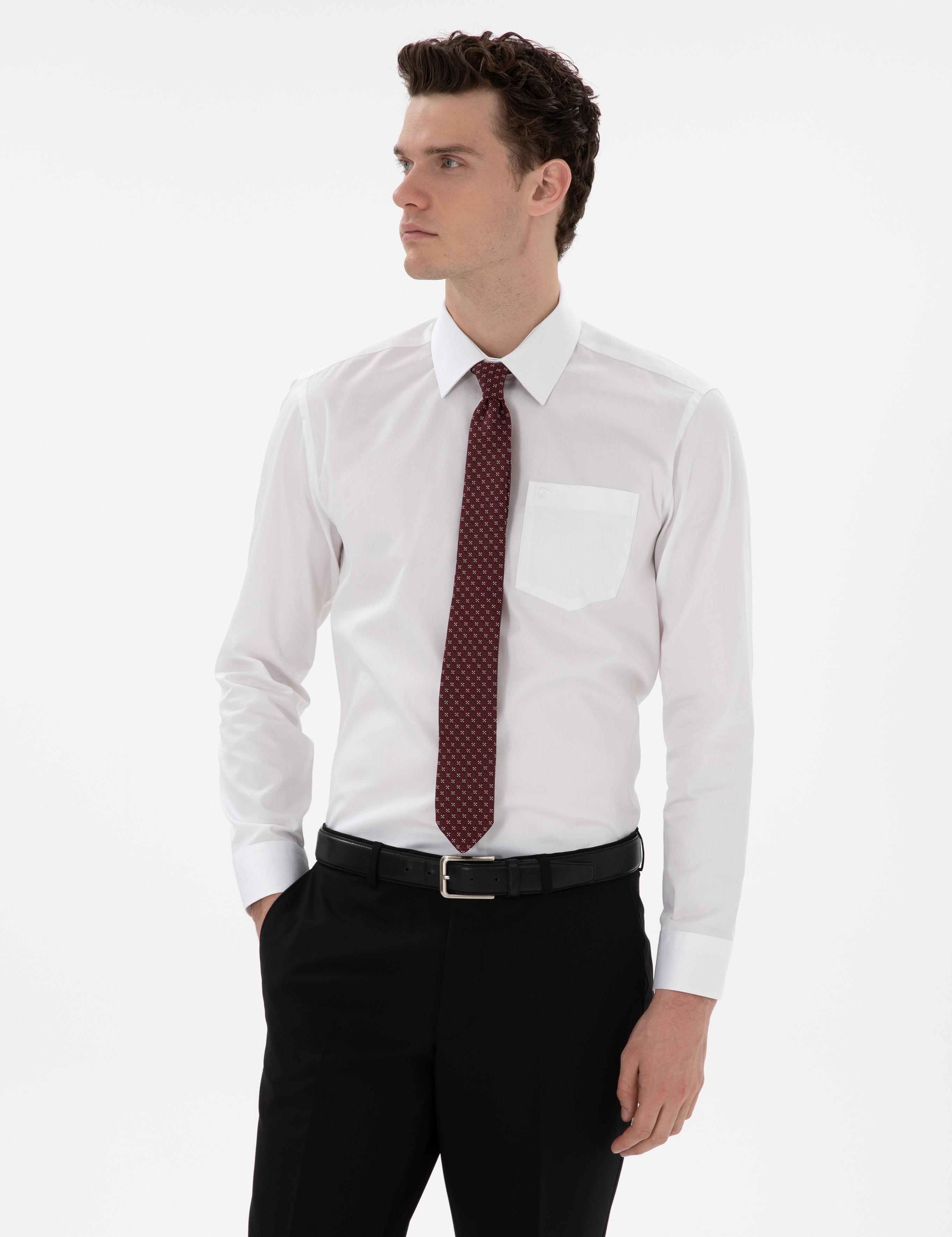 Beyaz Parlak Saten Regular Fit Uzun Kollu Basic Gömlek