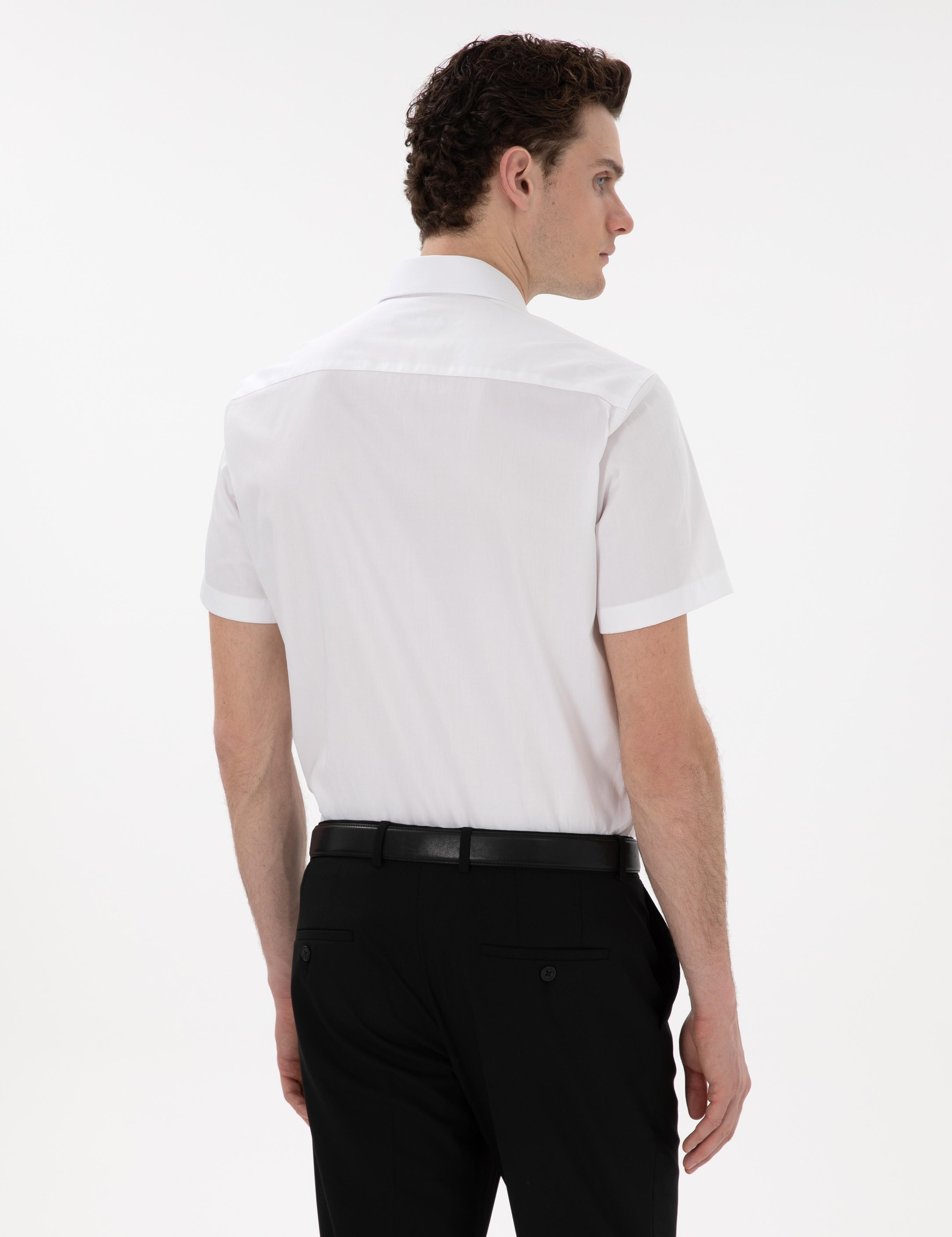 Beyaz Parlak Saten Regular Fit Kısa Kollu Basic Gömlek