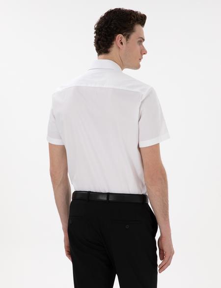 Beyaz Parlak Saten Regular Fit Kısa Kollu Basic Gömlek - 50302763010