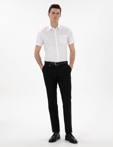 Beyaz %100 Pamuk Parlak Saten Regular Fit Kısa Kollu Basic Gömlek