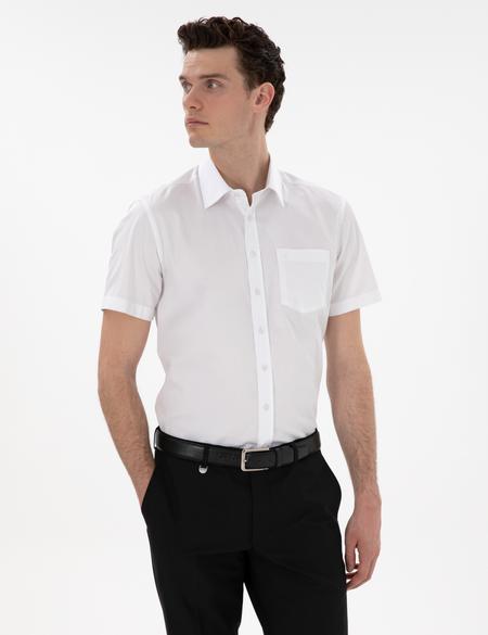 Beyaz Parlak Saten Regular Fit Kısa Kollu Basic Gömlek - 50302763010