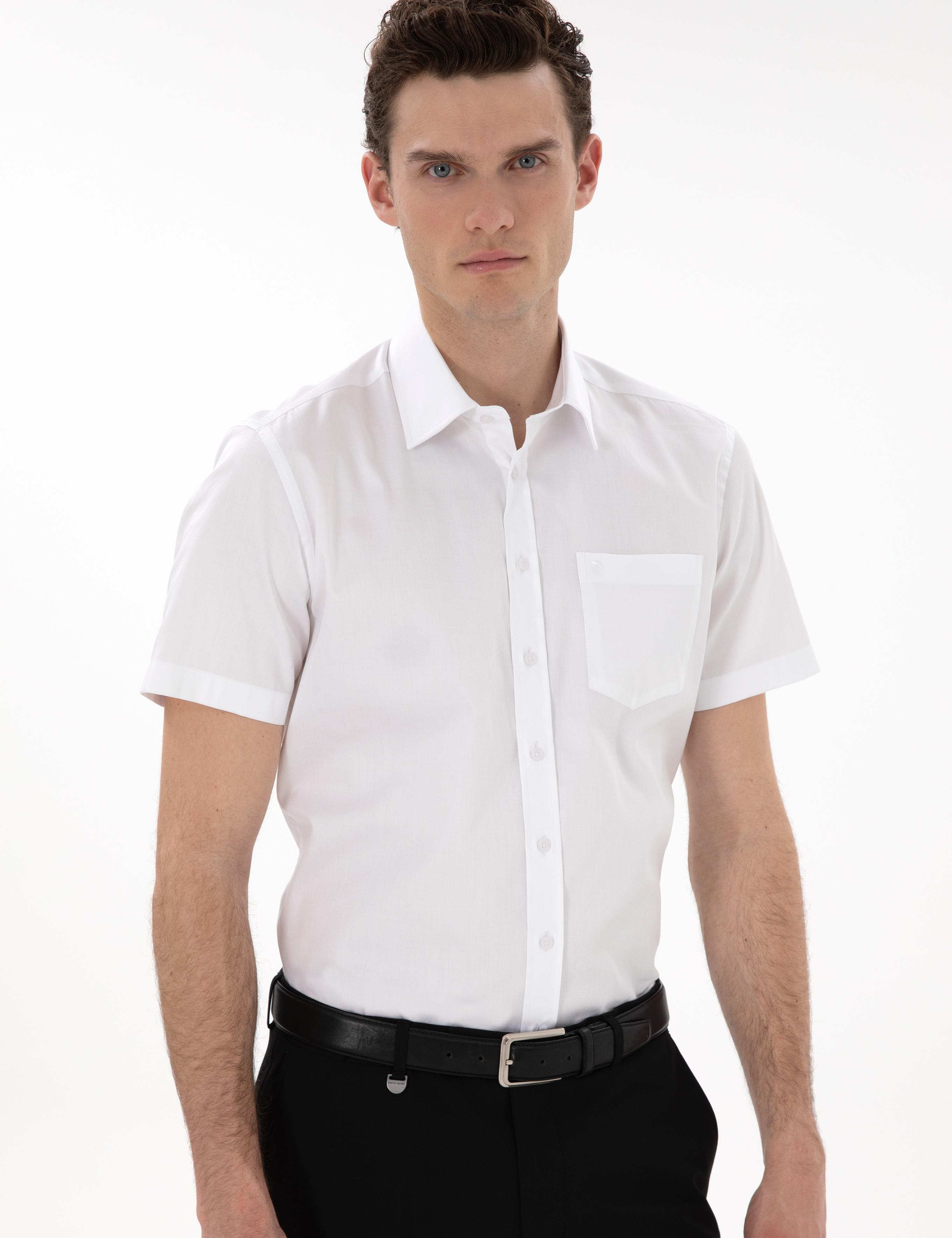 Beyaz Parlak Saten Regular Fit Kısa Kollu Basic Gömlek