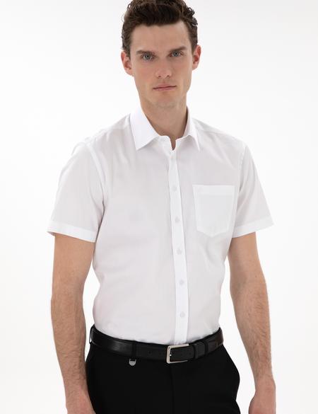 Beyaz Parlak Saten Regular Fit Kısa Kollu Basic Gömlek - 50302763010