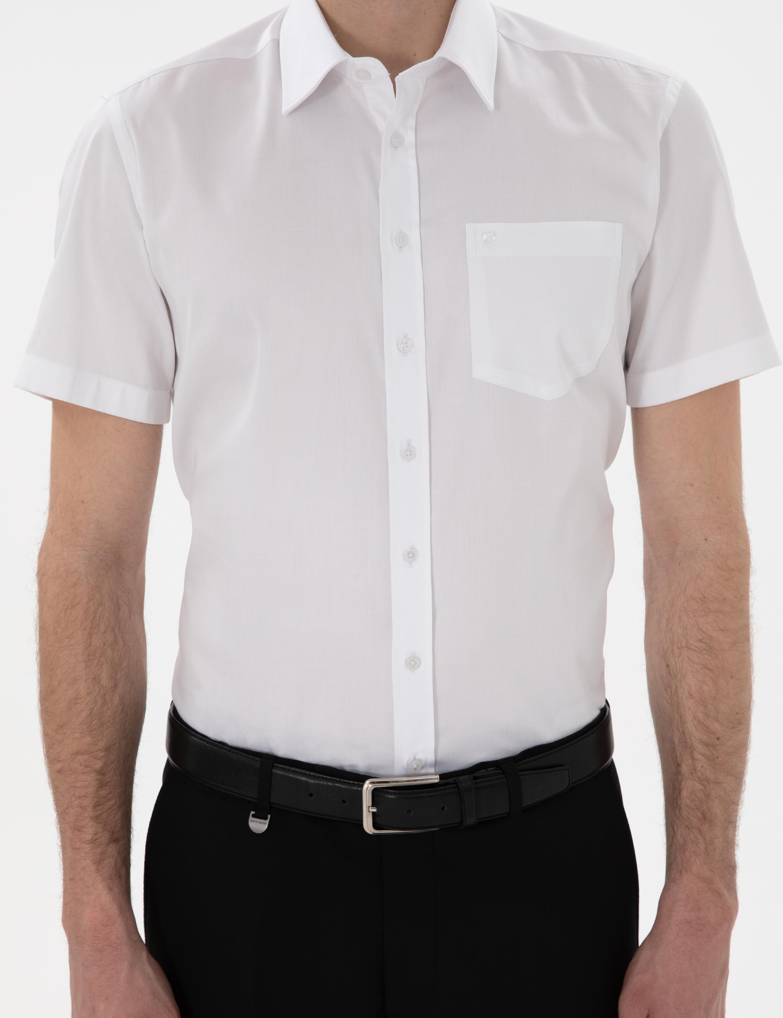 Beyaz Parlak Saten Regular Fit Kısa Kollu Basic Gömlek