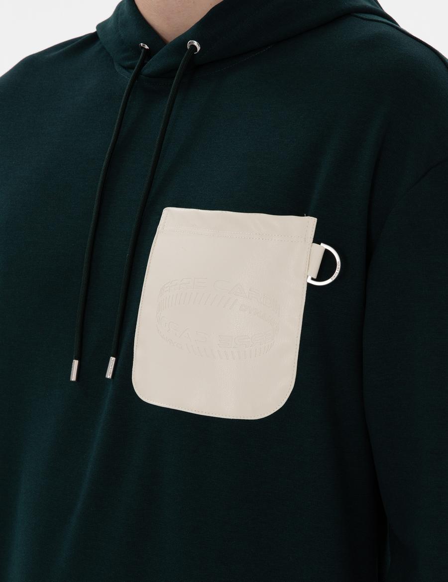 Koyu Yeşil Çelik Örme Comfort Fit  Kapüşonlu Sweatshirt