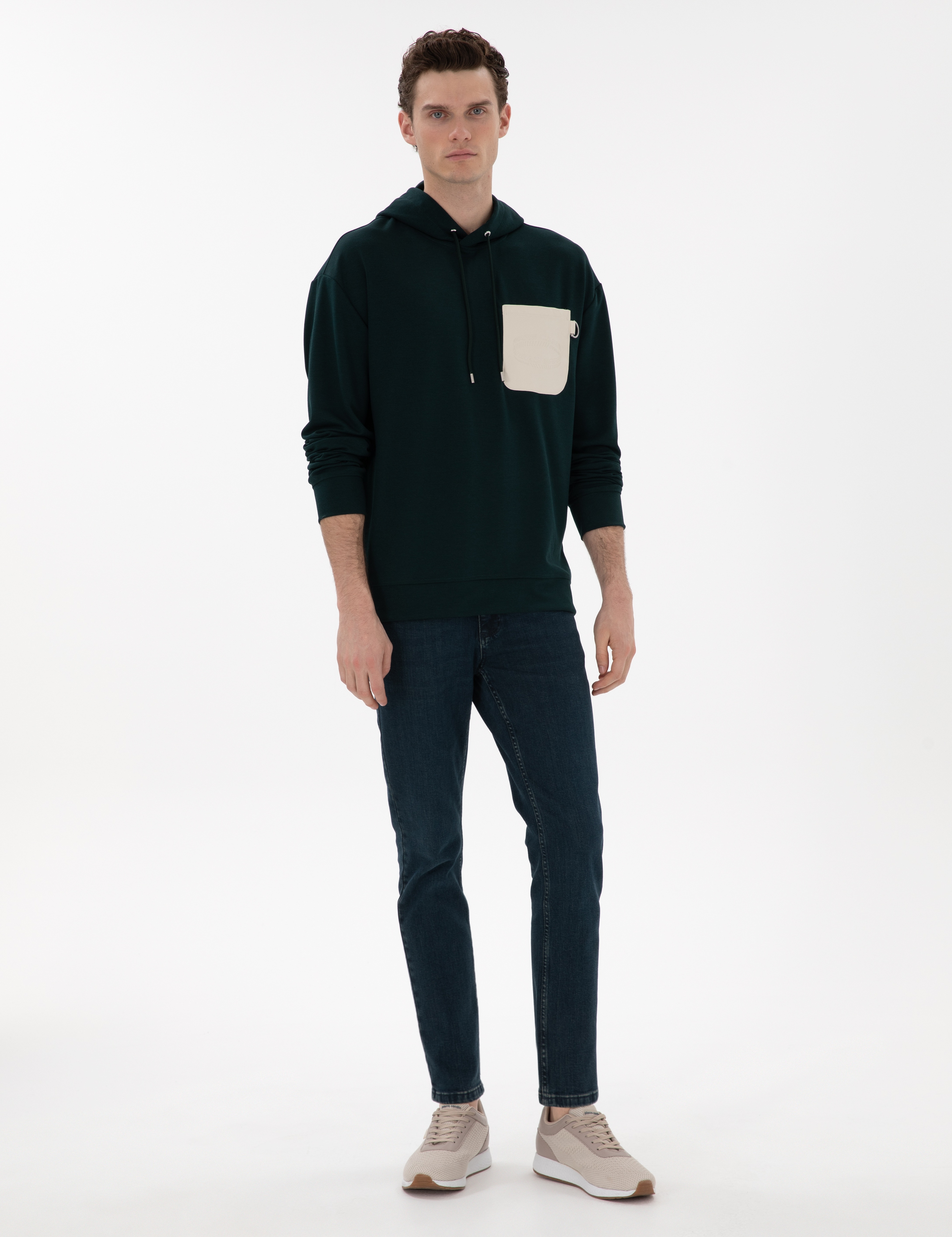Koyu Yeşil Çelik Örme Comfort Fit  Kapüşonlu Sweatshirt - Image 4