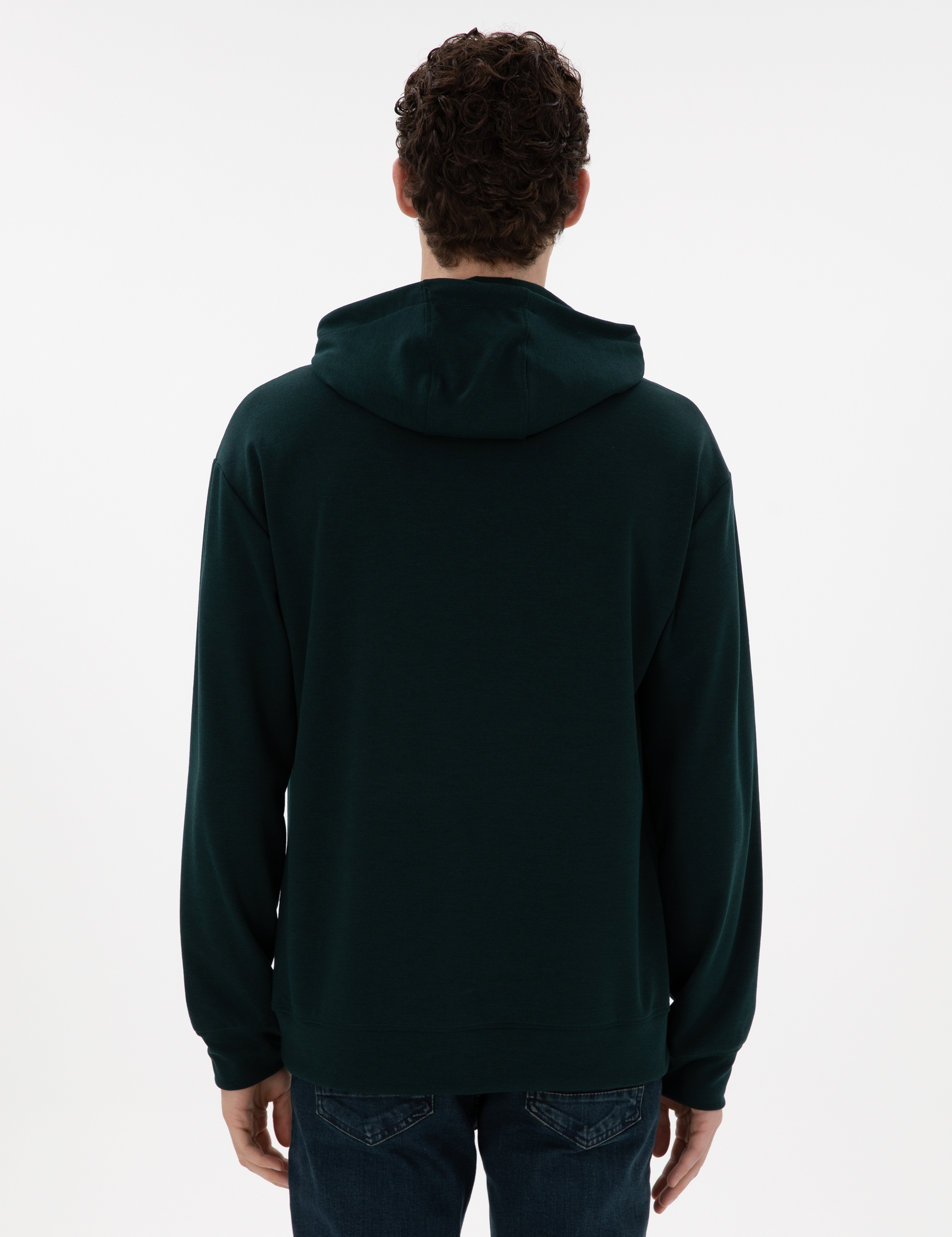 Koyu Yeşil Çelik Örme Comfort Fit  Kapüşonlu Sweatshirt - Image 5