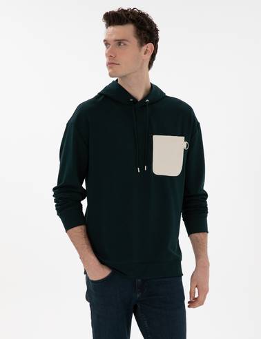 Koyu Yeşil Çelik Örme Comfort Fit  Kapüşonlu Sweatshirt