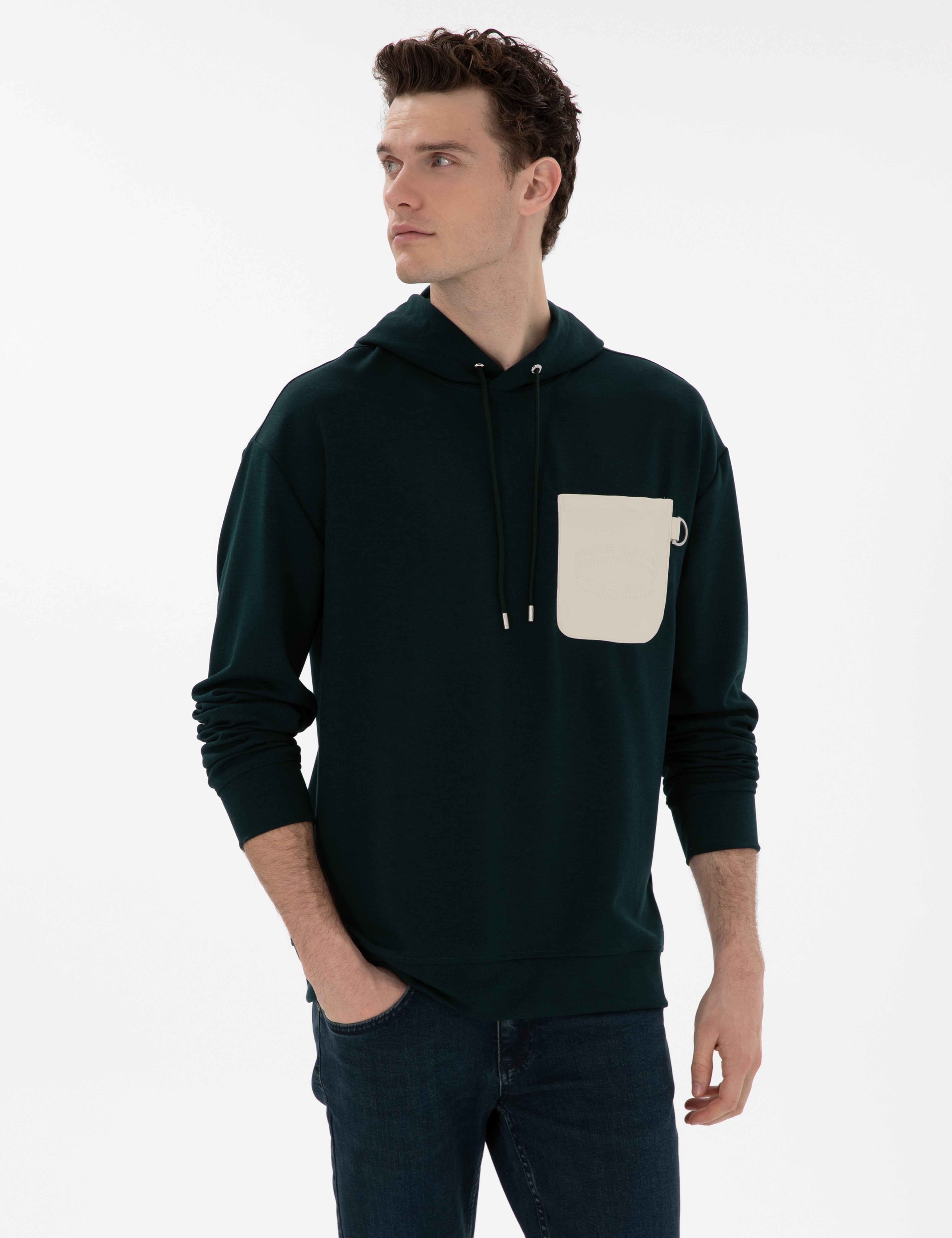 Koyu Yeşil Çelik Örme Comfort Fit  Kapüşonlu Sweatshirt - Image 1