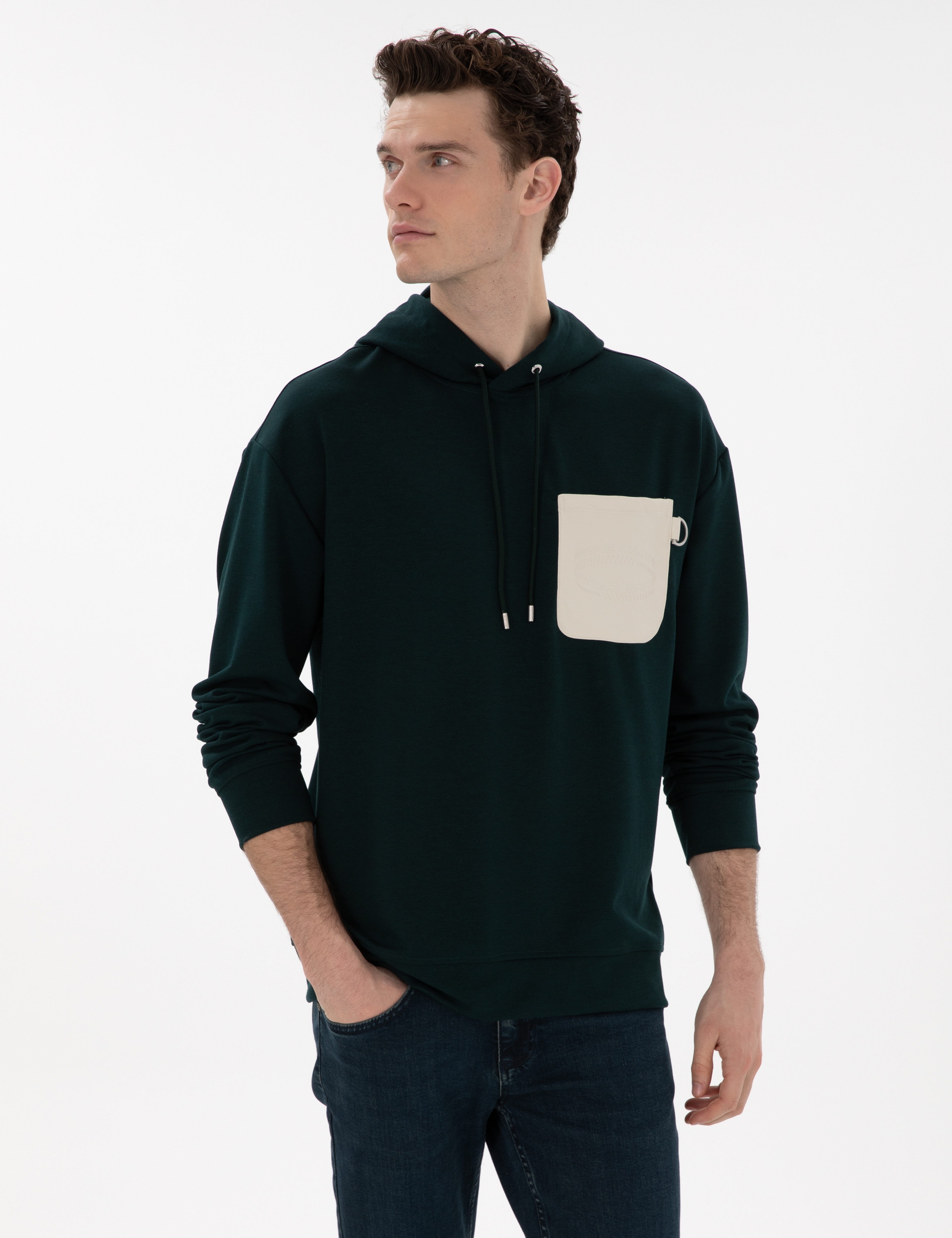 Koyu Yeşil Çelik Örme Comfort Fit  Kapüşonlu Sweatshirt