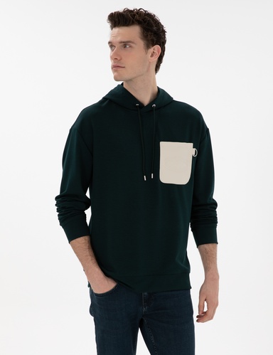 Koyu Yeşil Çelik Örme Comfort Fit  Kapüşonlu Sweatshirt