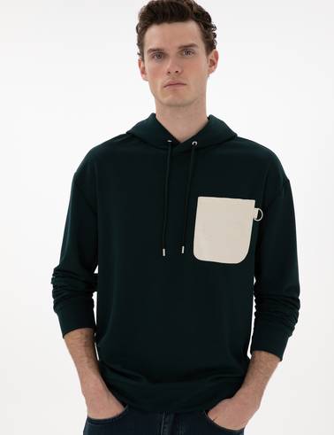 Koyu Yeşil Çelik Örme Comfort Fit  Kapüşonlu Sweatshirt
