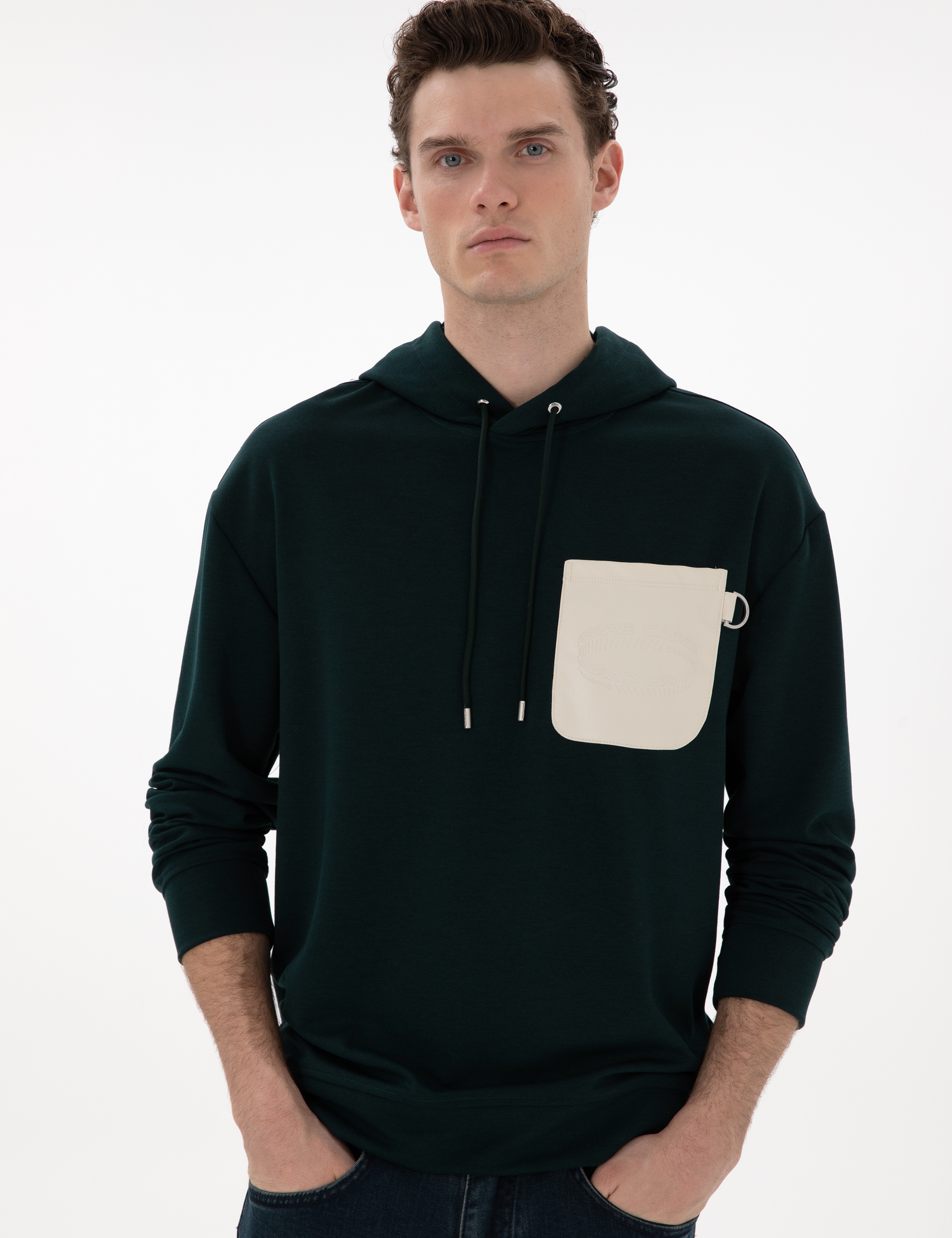 Koyu Yeşil Çelik Örme Comfort Fit  Kapüşonlu Sweatshirt - Image 3